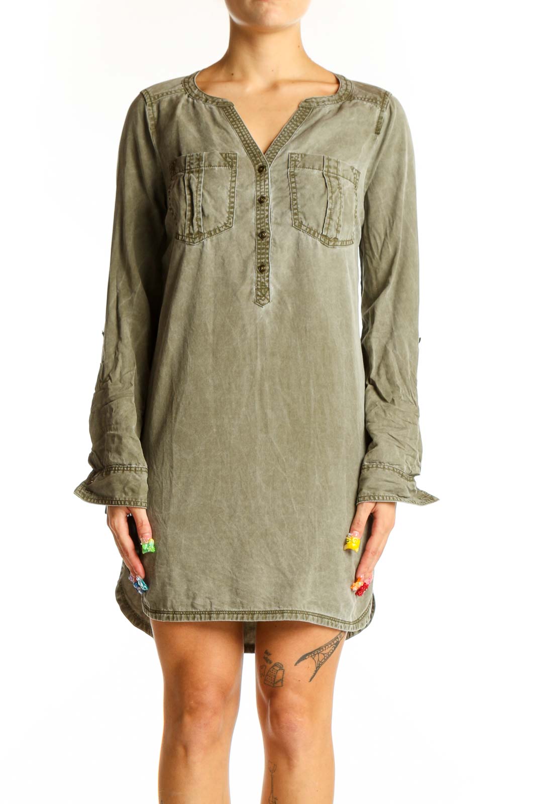 Olive Green Casual Tunic Dress Front