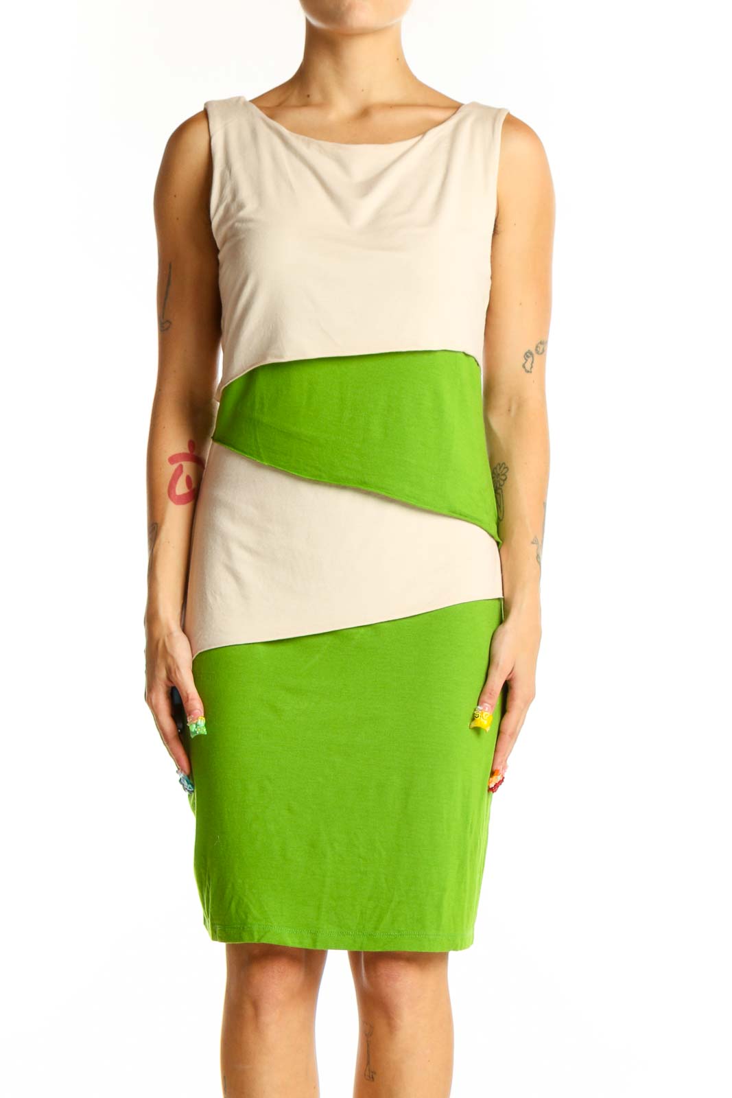 Green and Beige Color Block Sleeveless Dress Front
