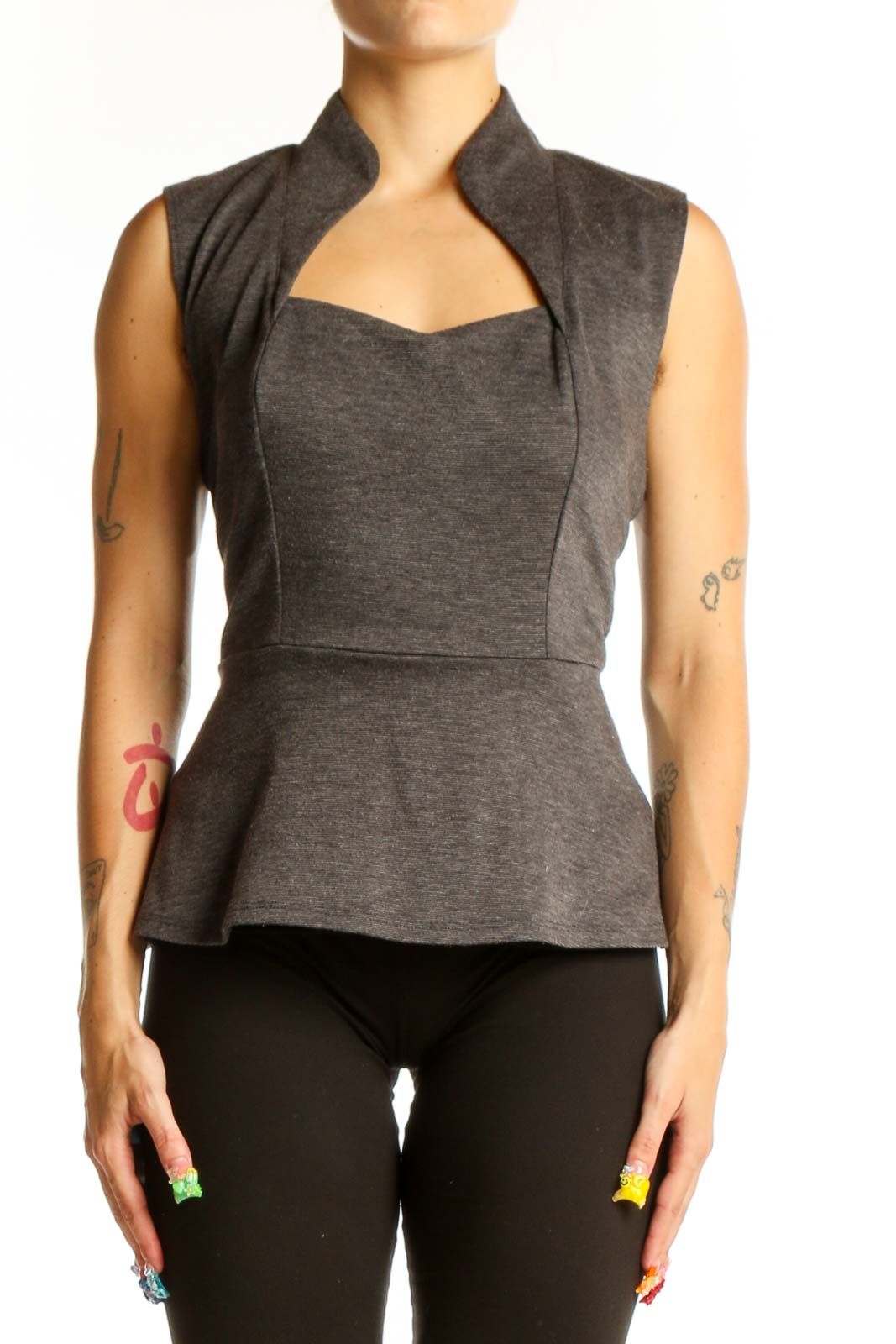 Gray Sleeveless Peplum Top Front