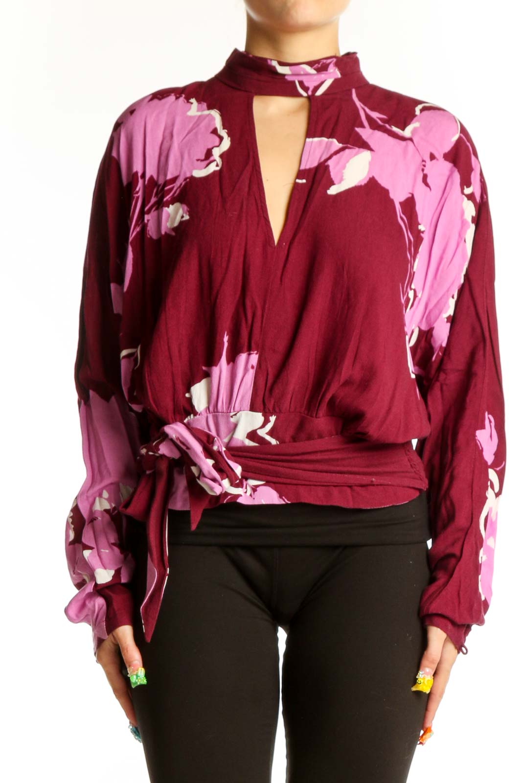 Burgundy Floral Print Wrap Top Front
