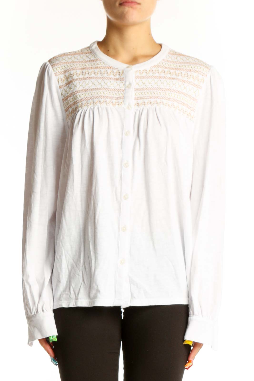 White Cotton Embroidered Long Sleeve Top Front