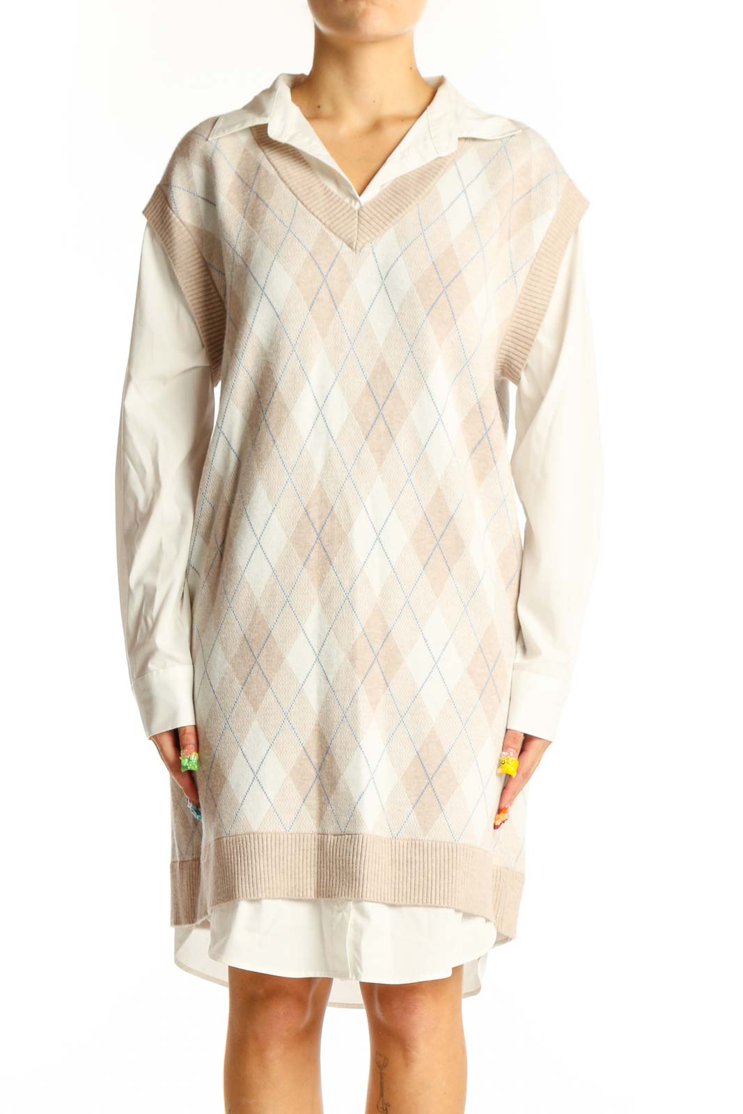 Cream Argyle V-Neck Sweater Dress Front