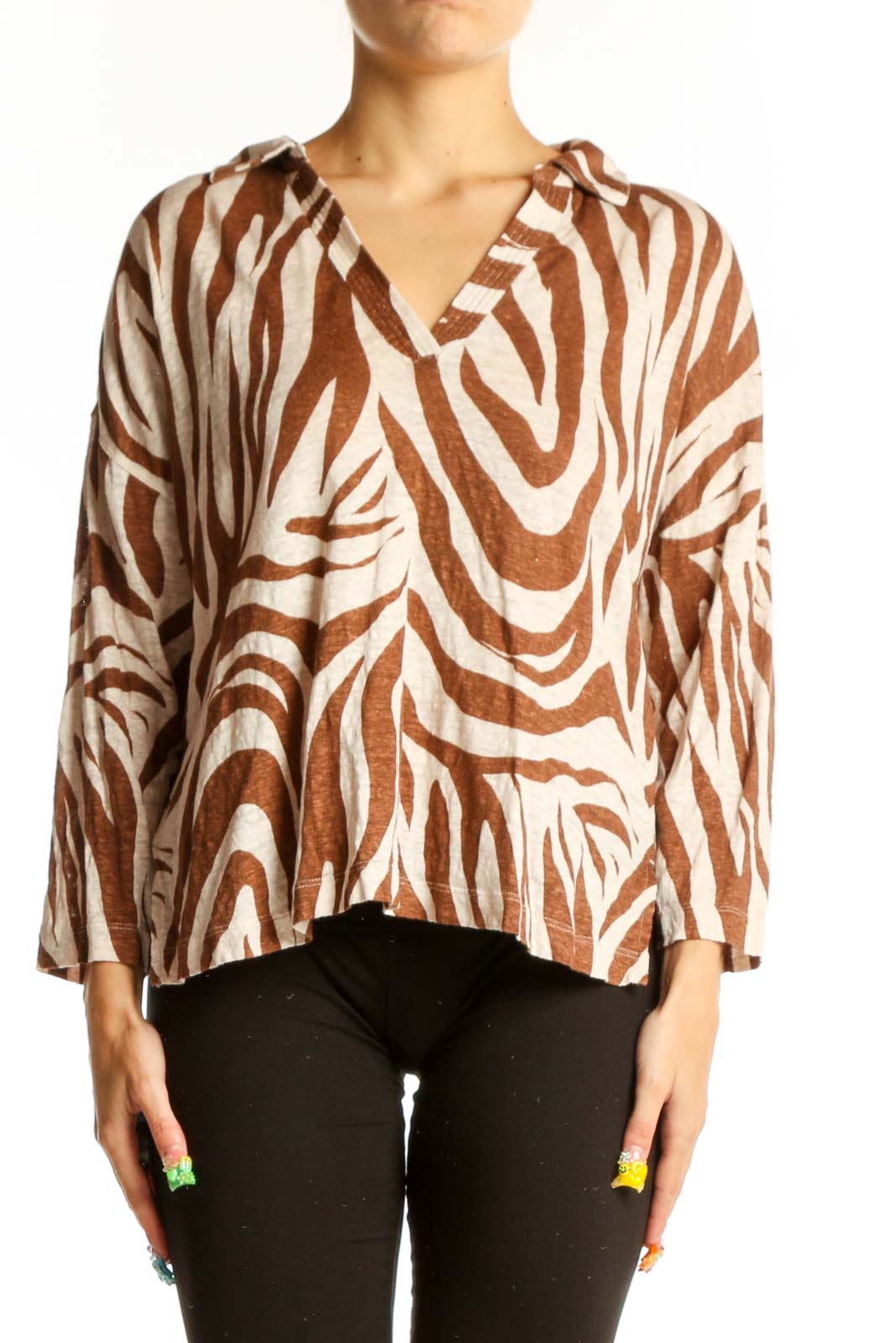 Brown and Cream Zebra Print V-Neck Top Front