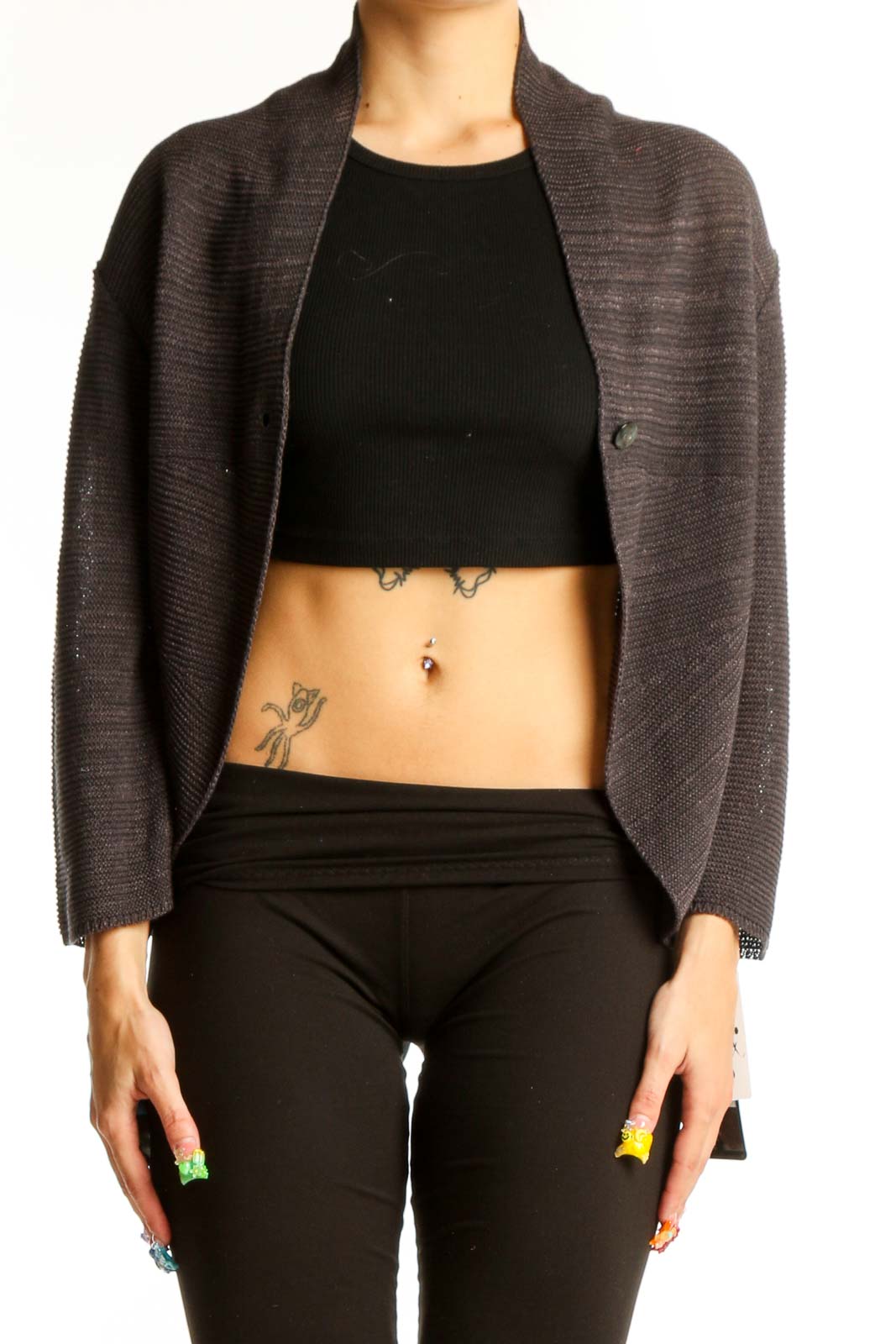 Gray Ribbed Open Front Cardigan Front