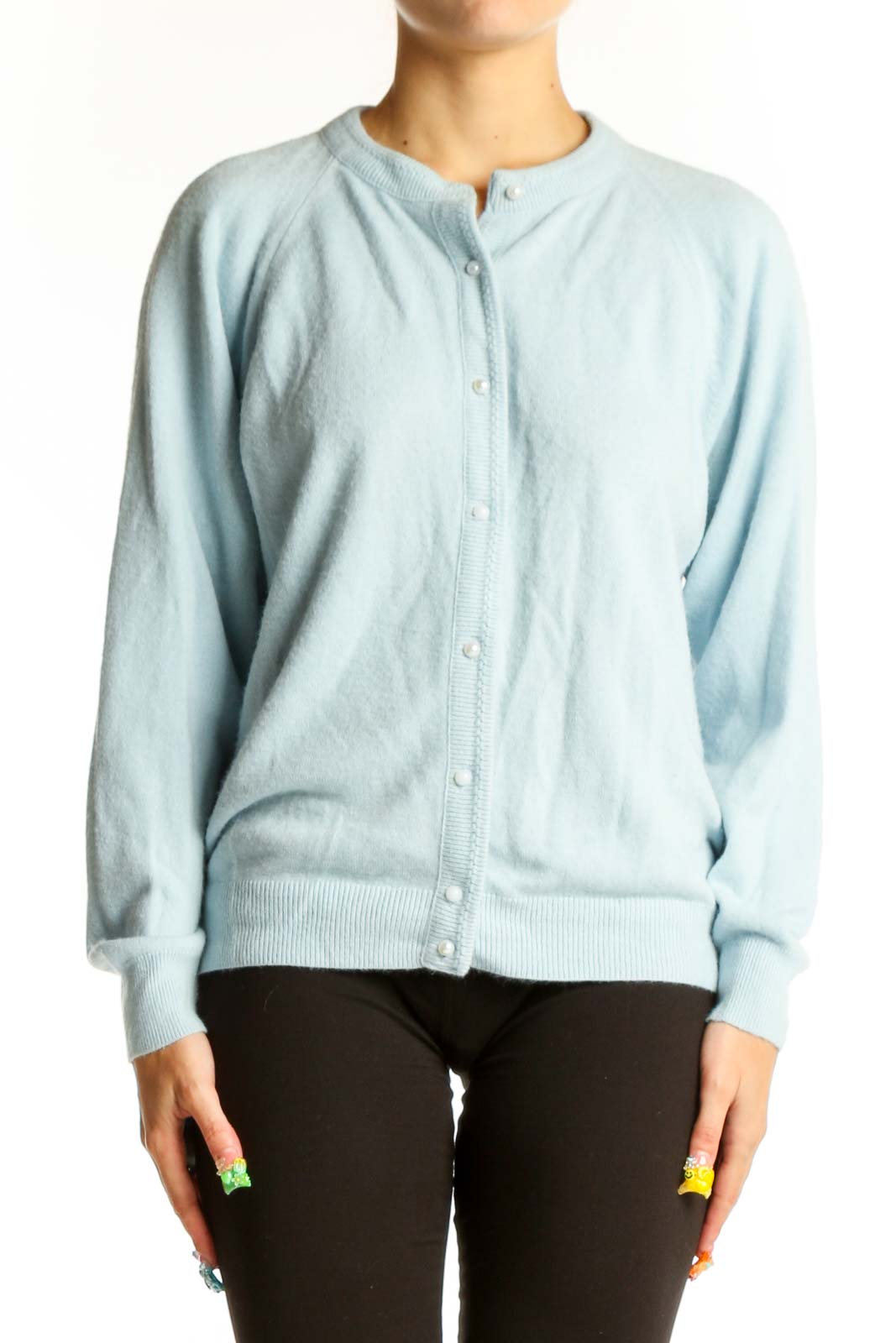 Light Blue Acrylic Button-Up Cardigan Front
