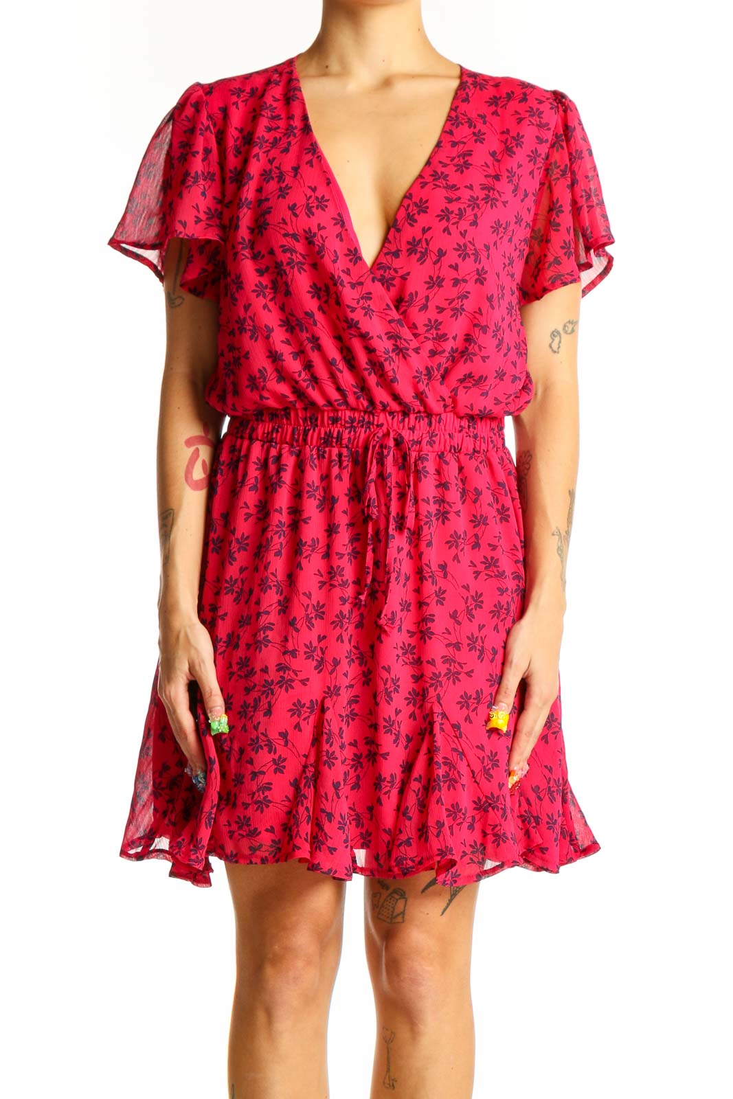 Red Floral Wrap Mini Dress Front