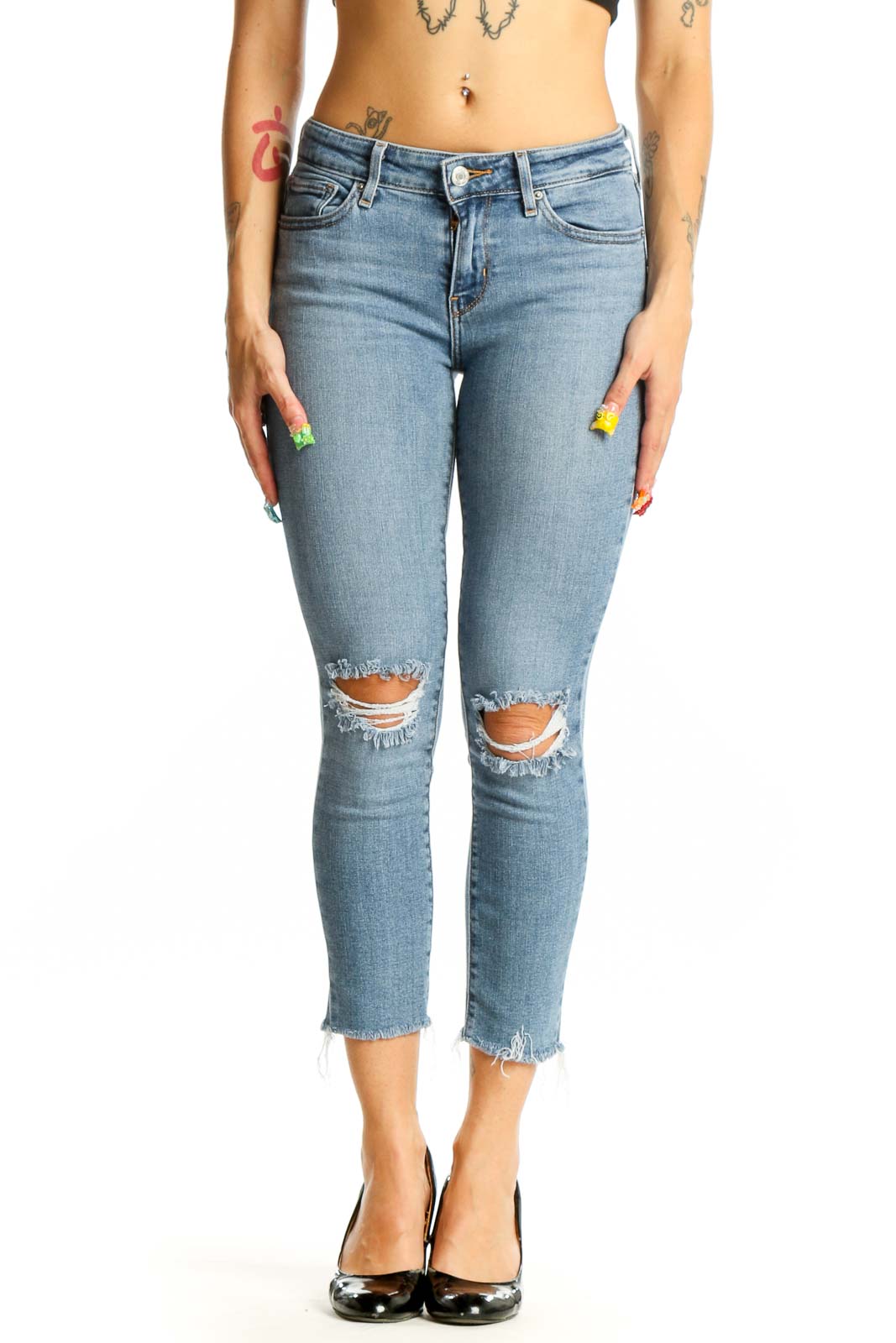 Light Blue Distressed Cropped Skinny Jeans Front
