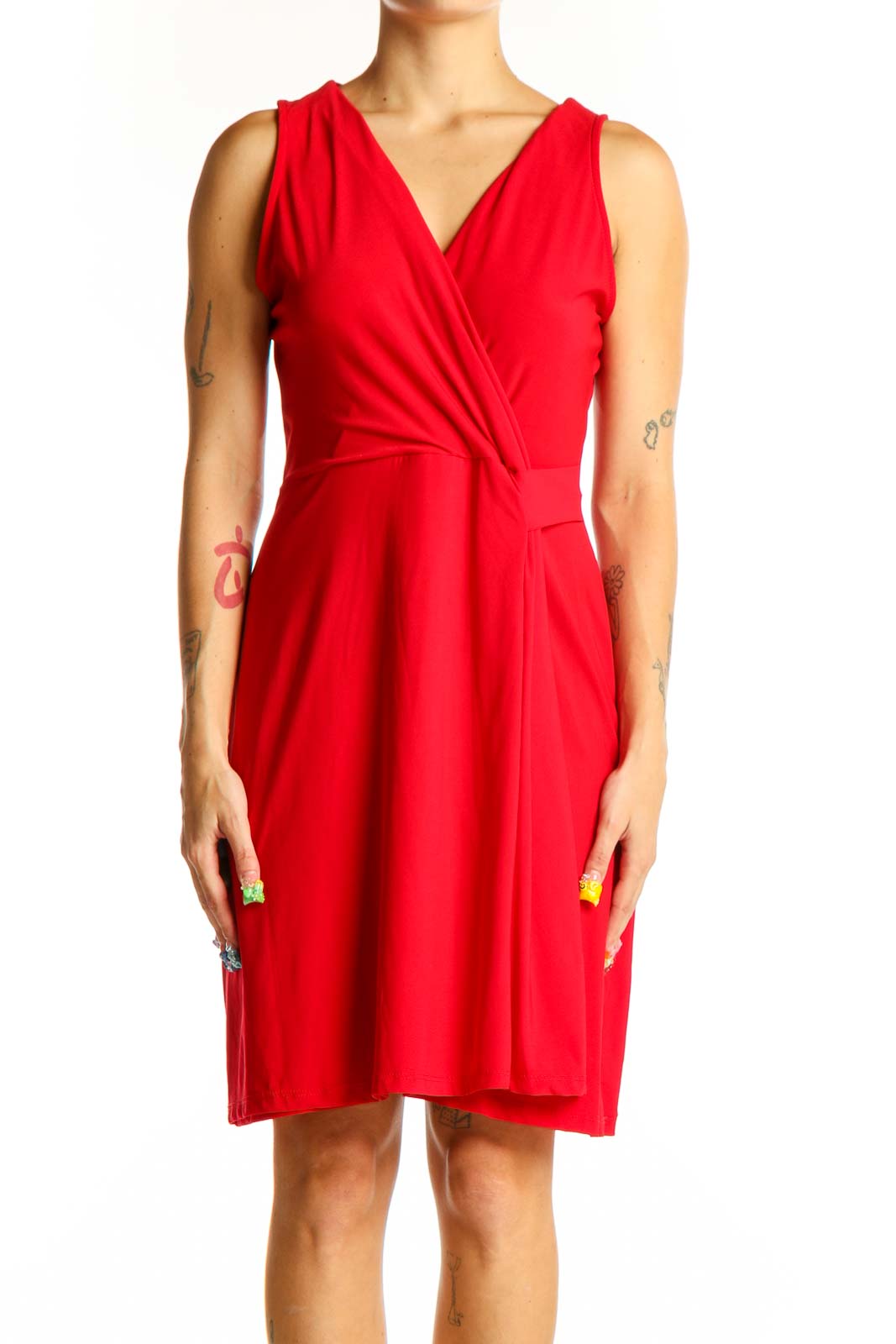 Red Wrap-Style Sleeveless Dress Front