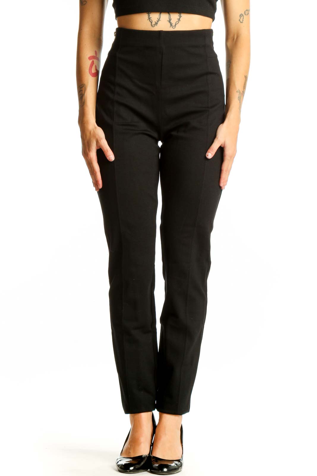 Black High-Waisted Slim Fit Pants Front