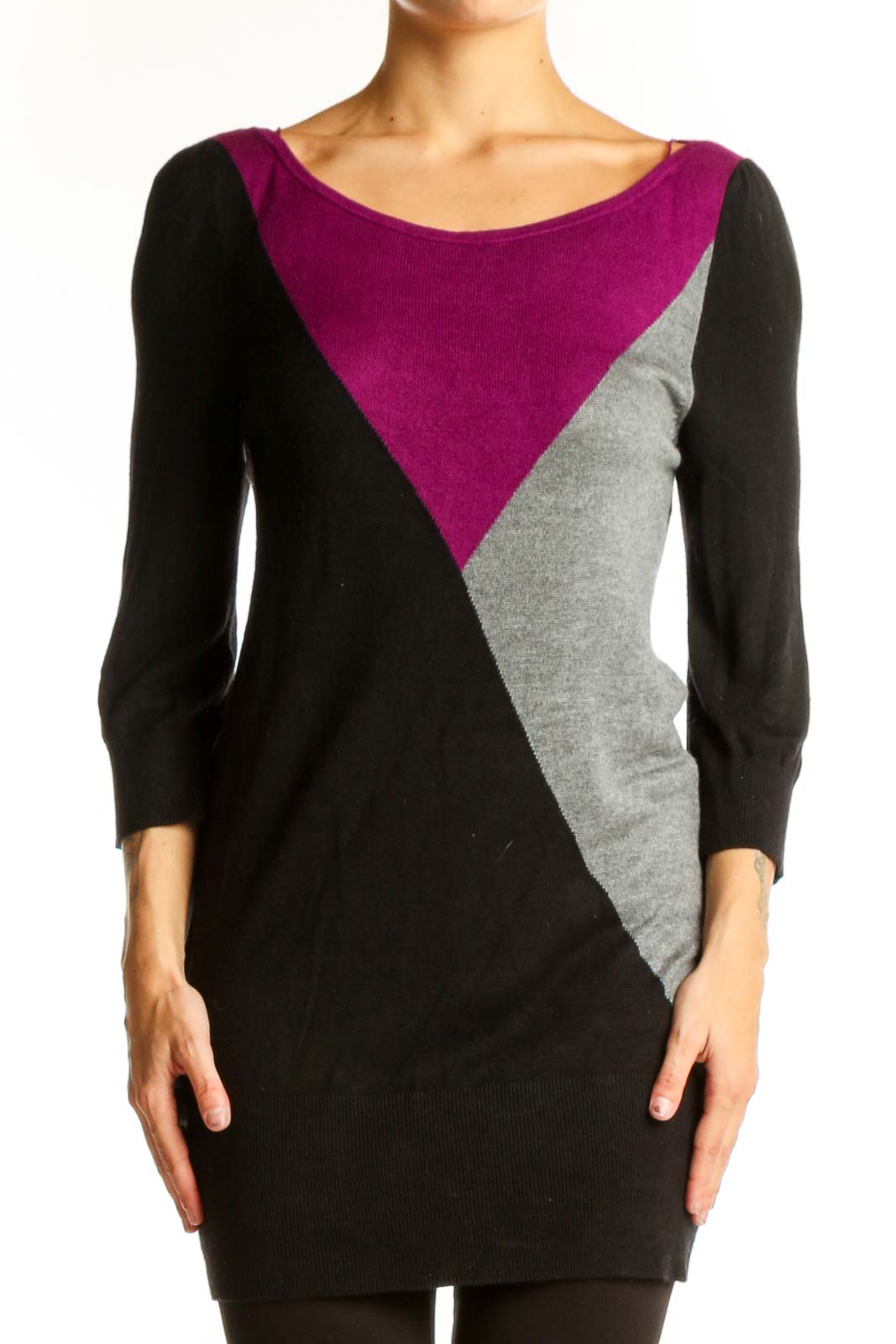 Black, Purple and Gray Color Block Knit Tunic Front