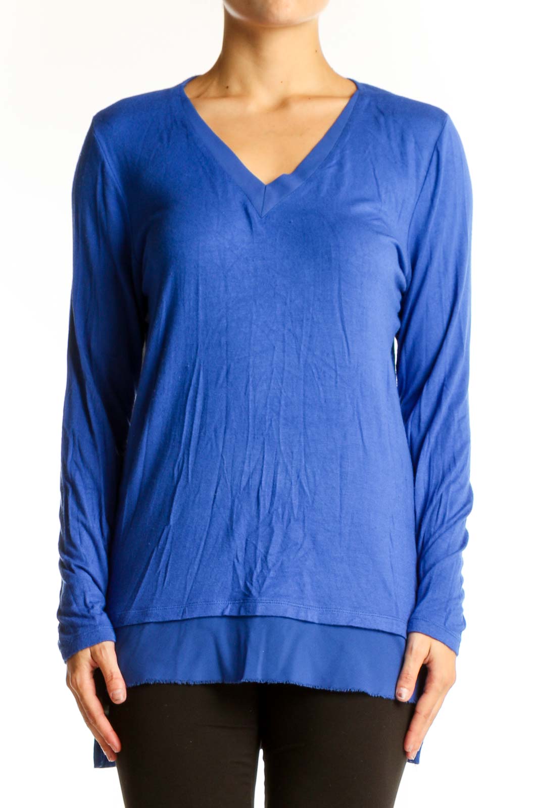Blue V-Neck Long Sleeve Layered Top Front