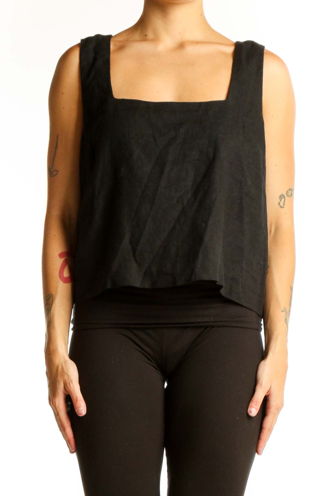 Black Linen Square Neck Sleeveless Top Front