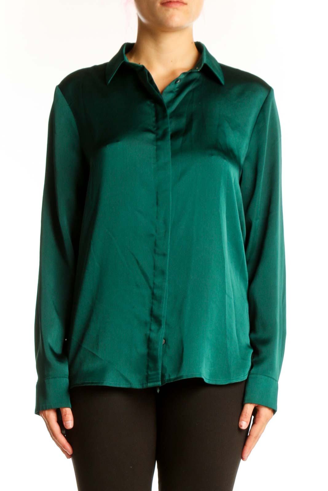 Emerald Green Satin Button-Down Blouse Front
