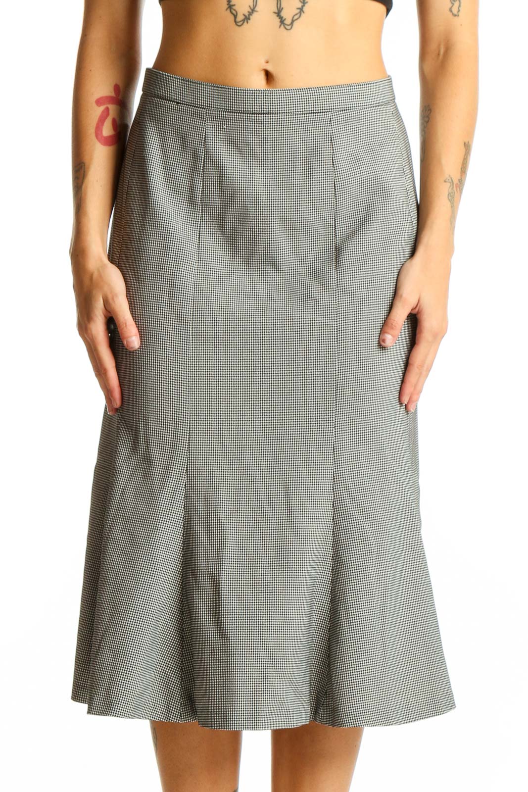 Gray Houndstooth A-line Midi Skirt Front