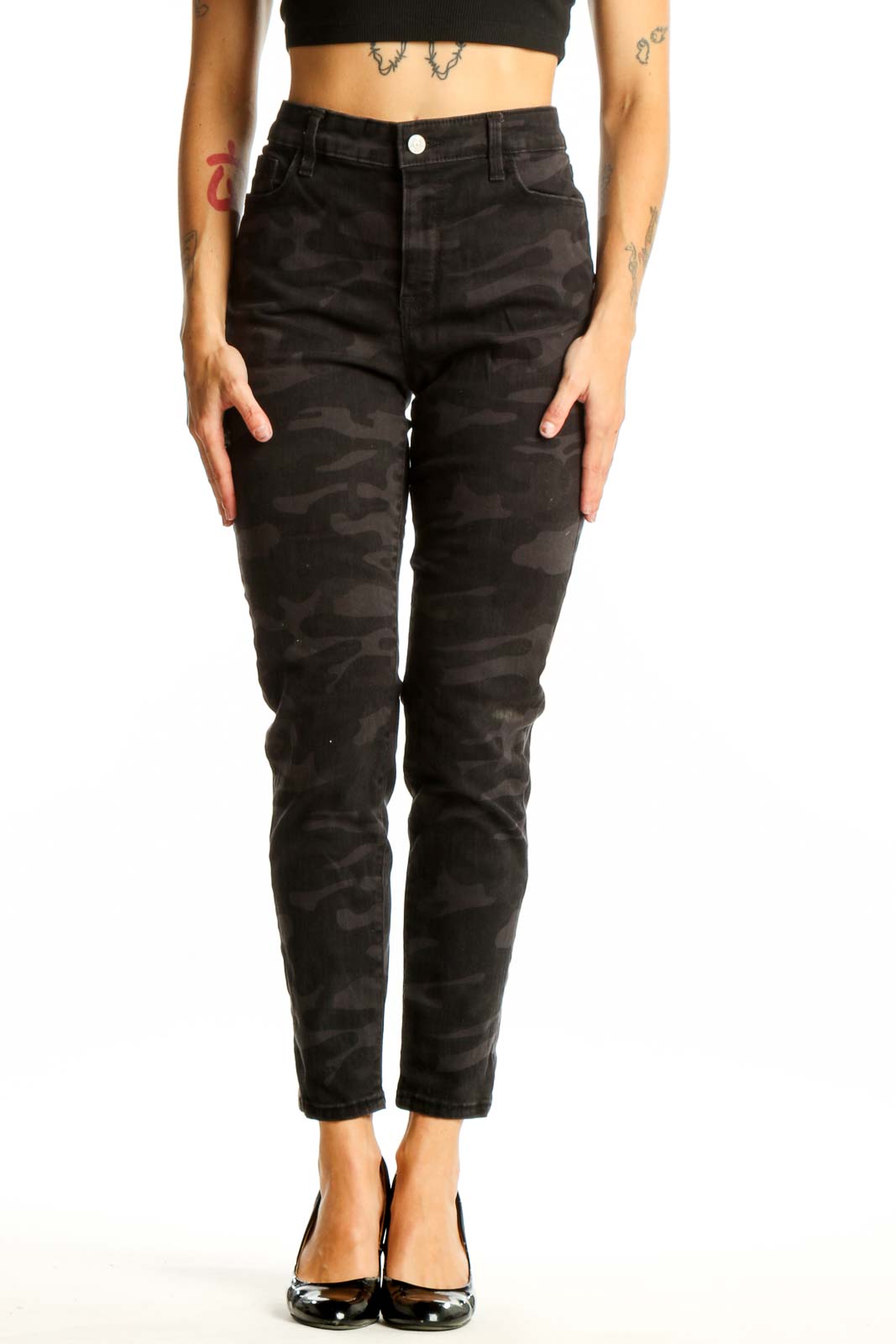 Black Camo Print High-Waisted Denim Jeans Front