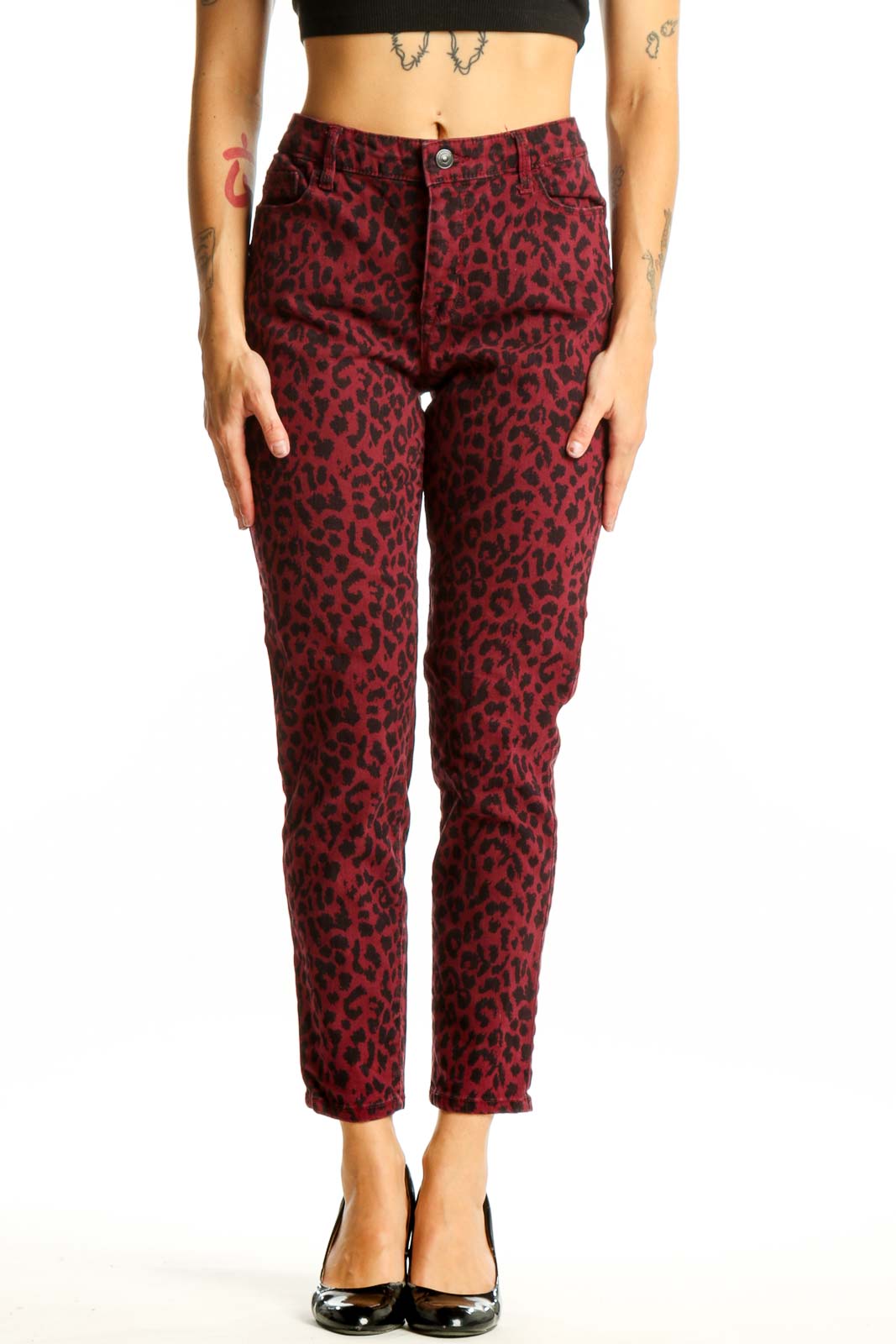 Burgundy Leopard Print Cotton Pants Front