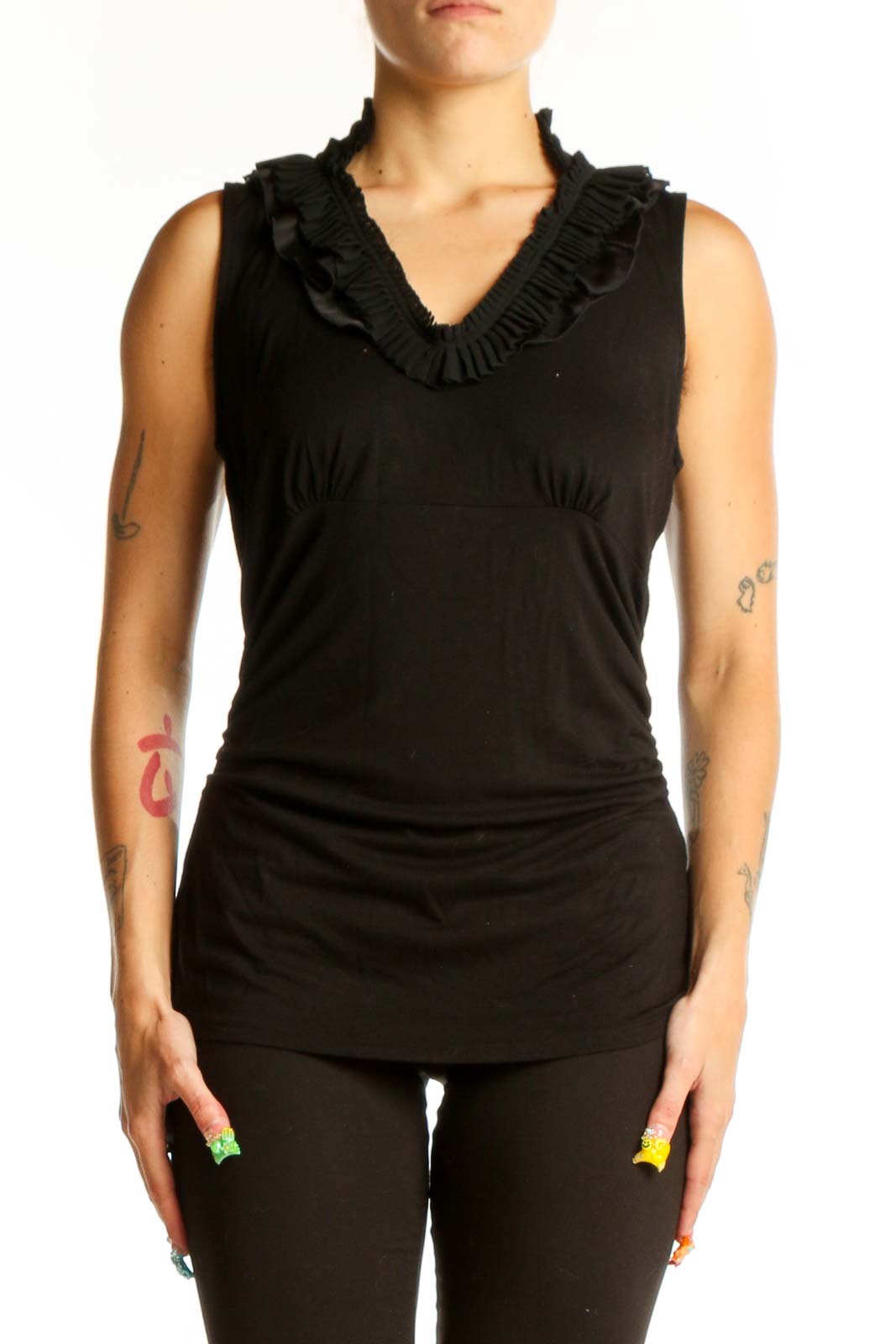 Black Ruffle-Neck Sleeveless Top Front