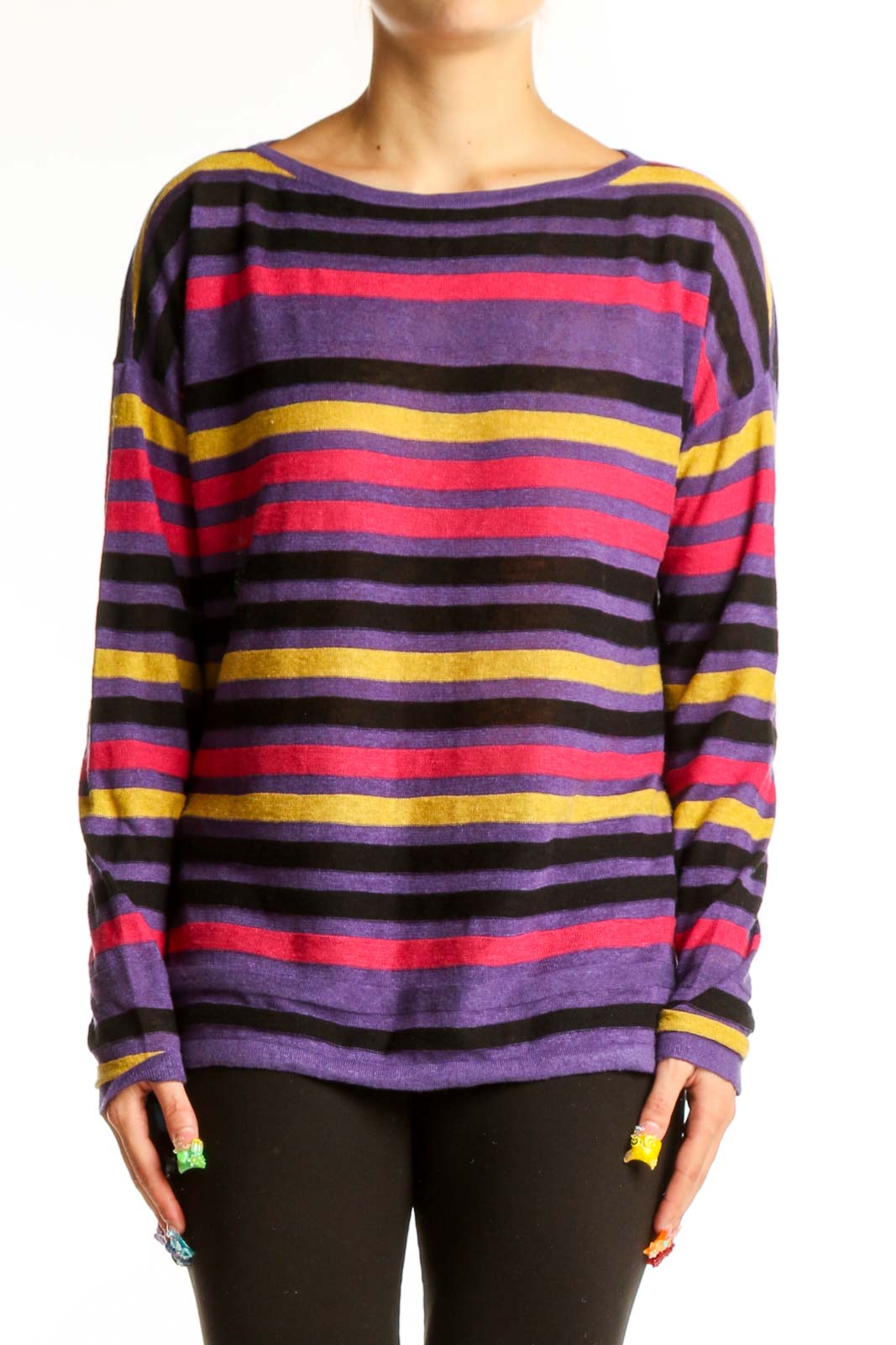 Purple Striped Cotton Long Sleeve Top Front