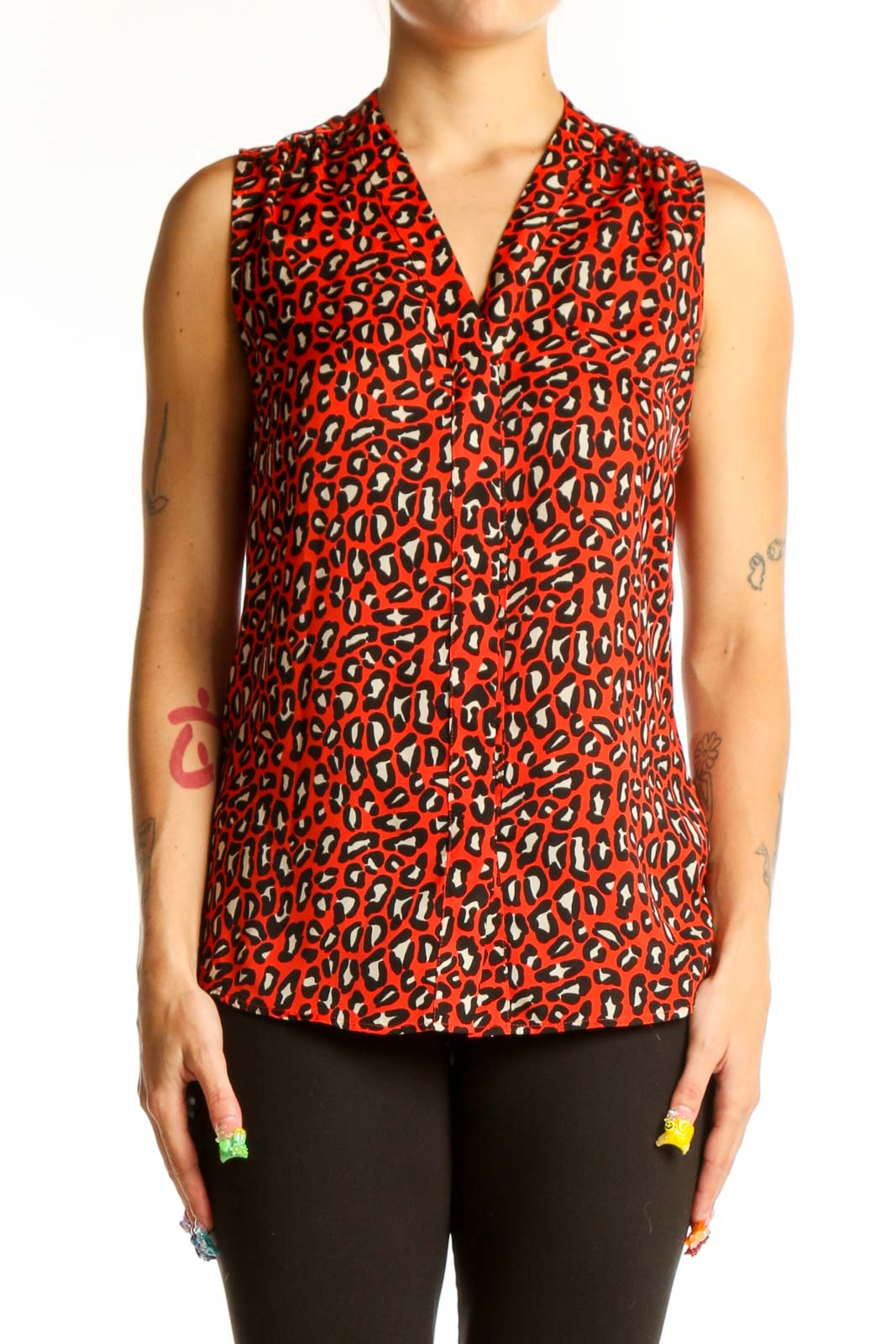 Red Leopard Print Sleeveless Blouse Front