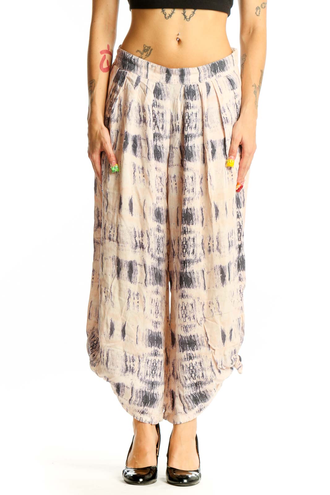 Beige Tie-Dye Wide-Leg Cotton Pants Front