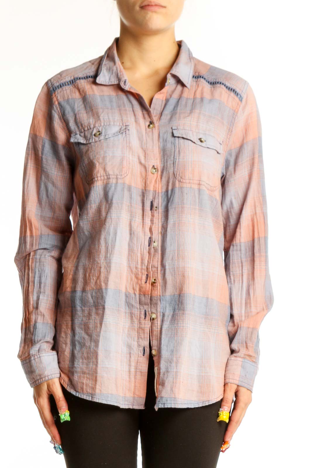 Pink and Gray Plaid Cotton Button-Up Shirt Front