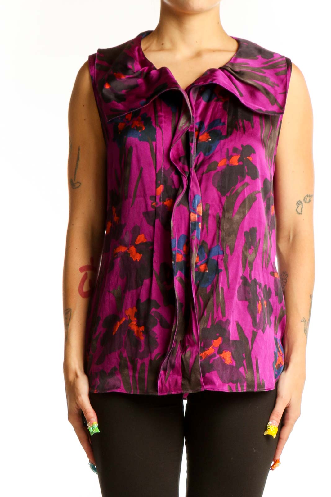 Purple Abstract Print Sleeveless Blouse Front