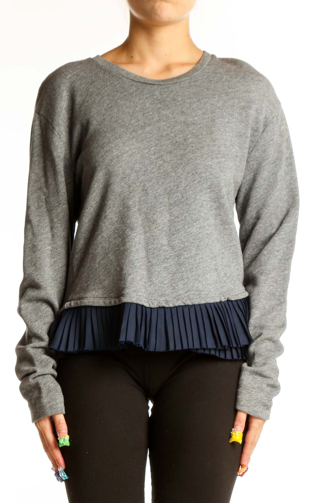 Gray Cotton-Blend Ruffle-Hem Sweater Front