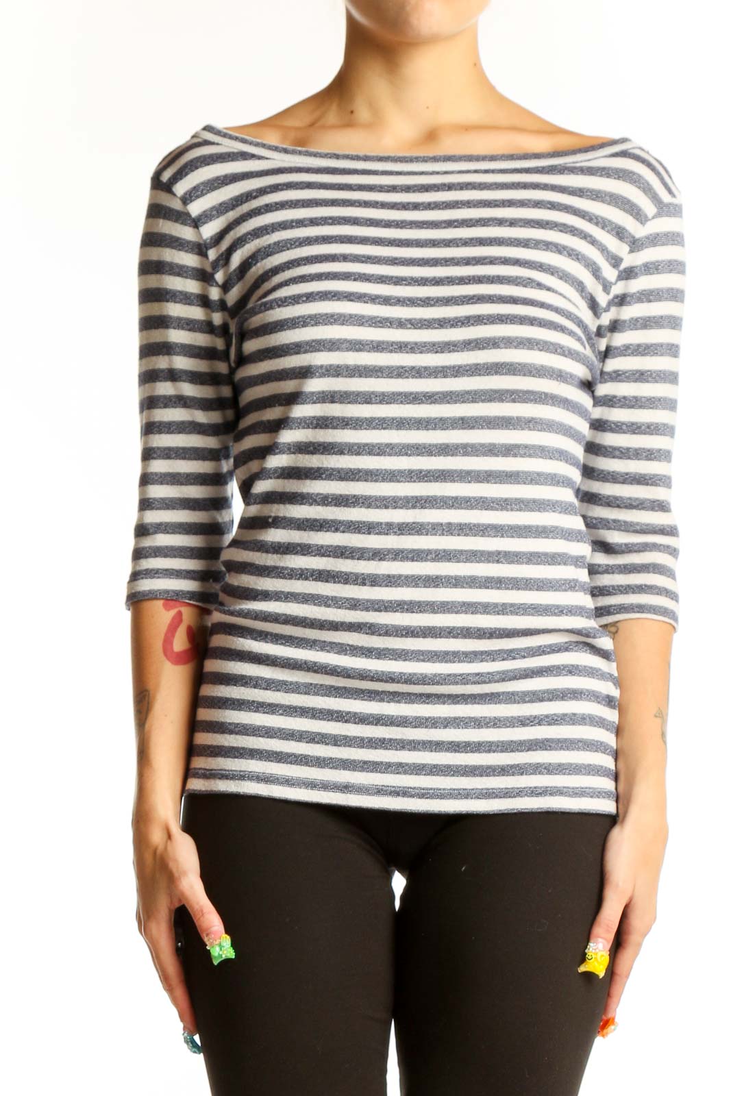 Gray and White Striped Cotton Blend Top Front