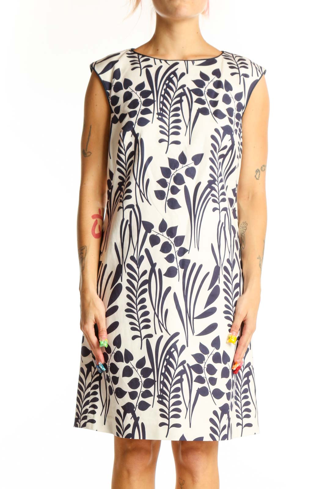 Navy and White Floral Print Shift Dress Front