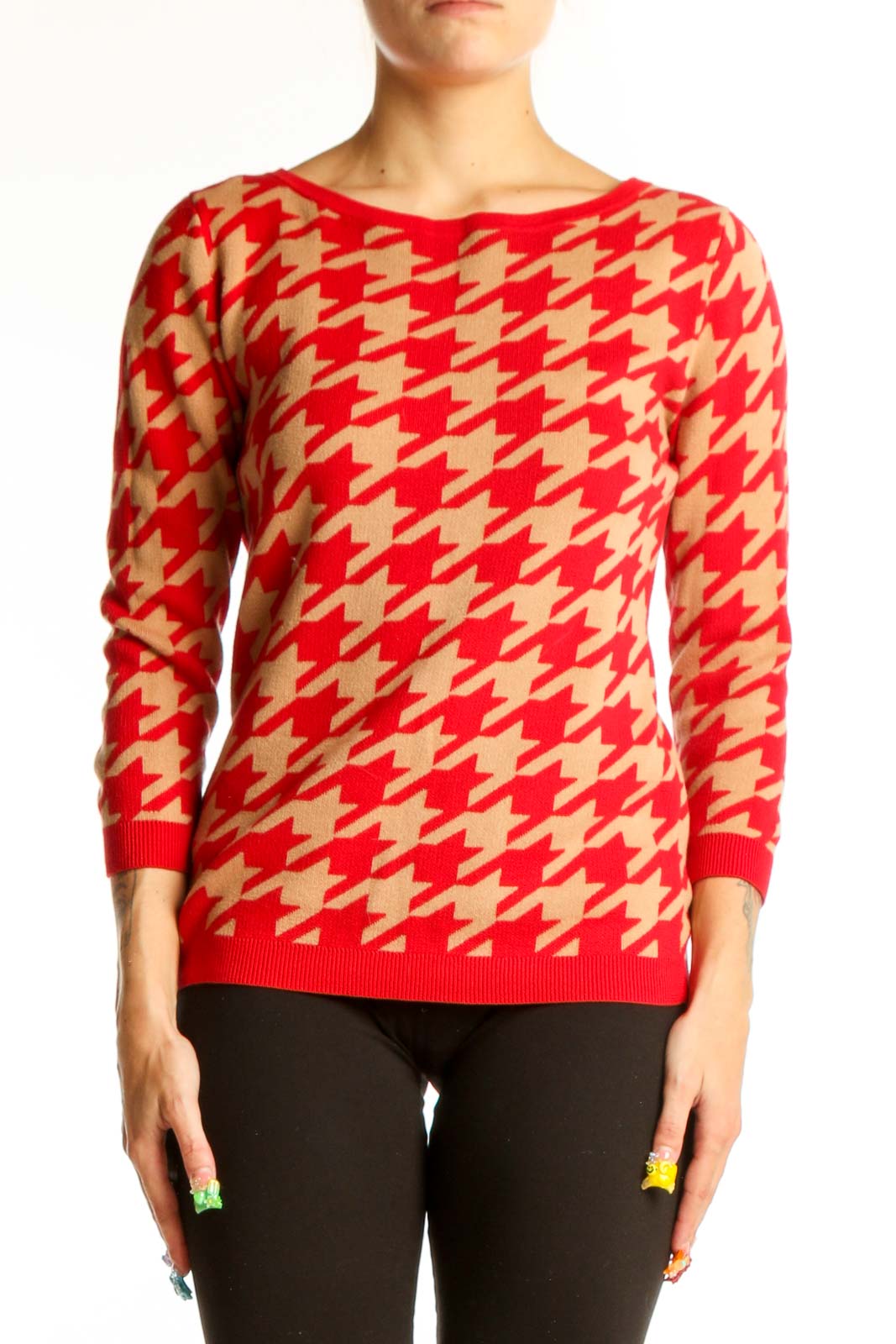 Red and Tan Houndstooth Knit Sweater Front