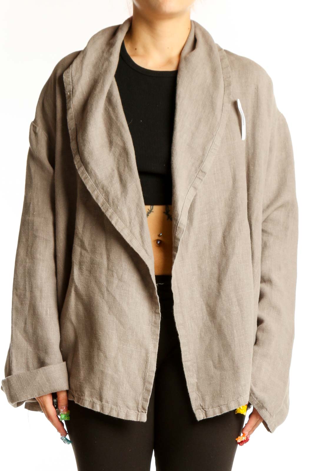 Beige Cotton Oversized Shawl Collar Jacket Front