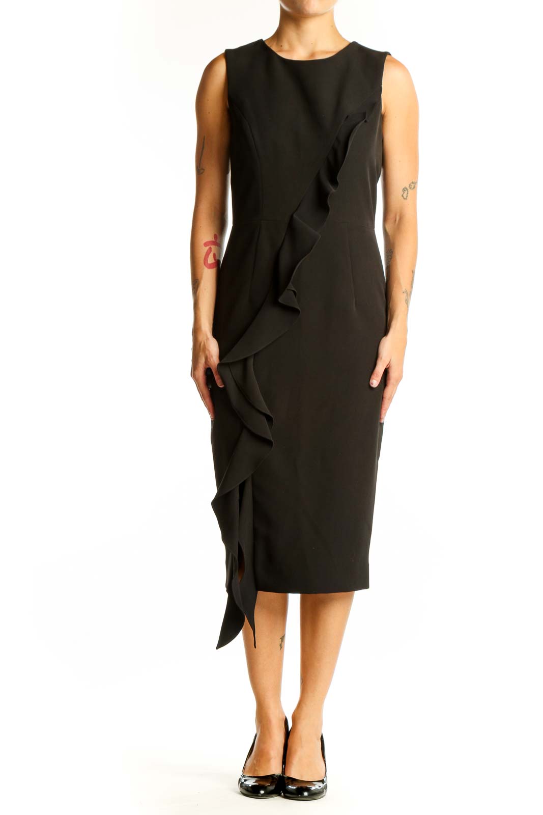 Black Ruffled Midi Cocktail Dress Front