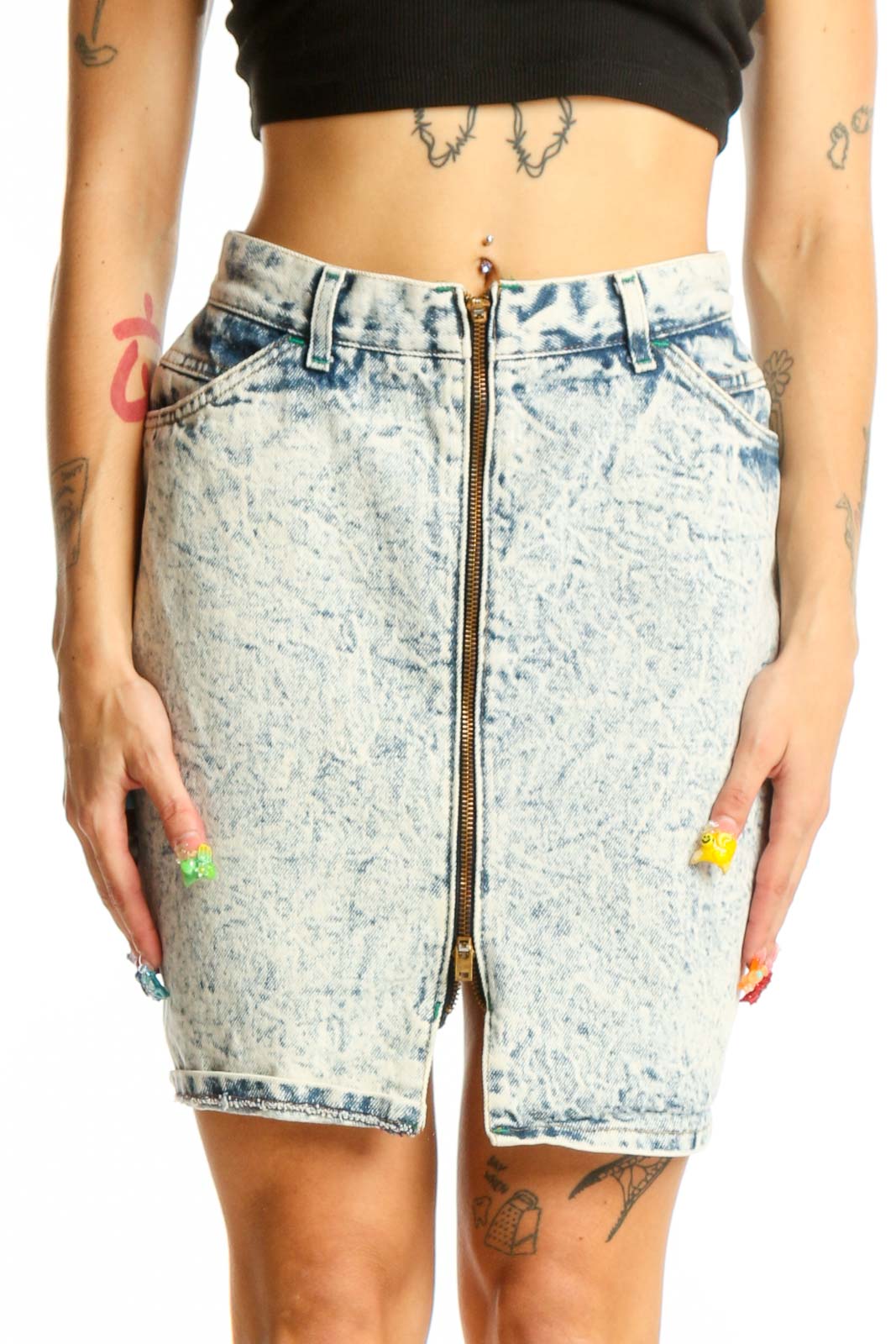 Acid Wash Denim Zip-Front Mini Skirt Front