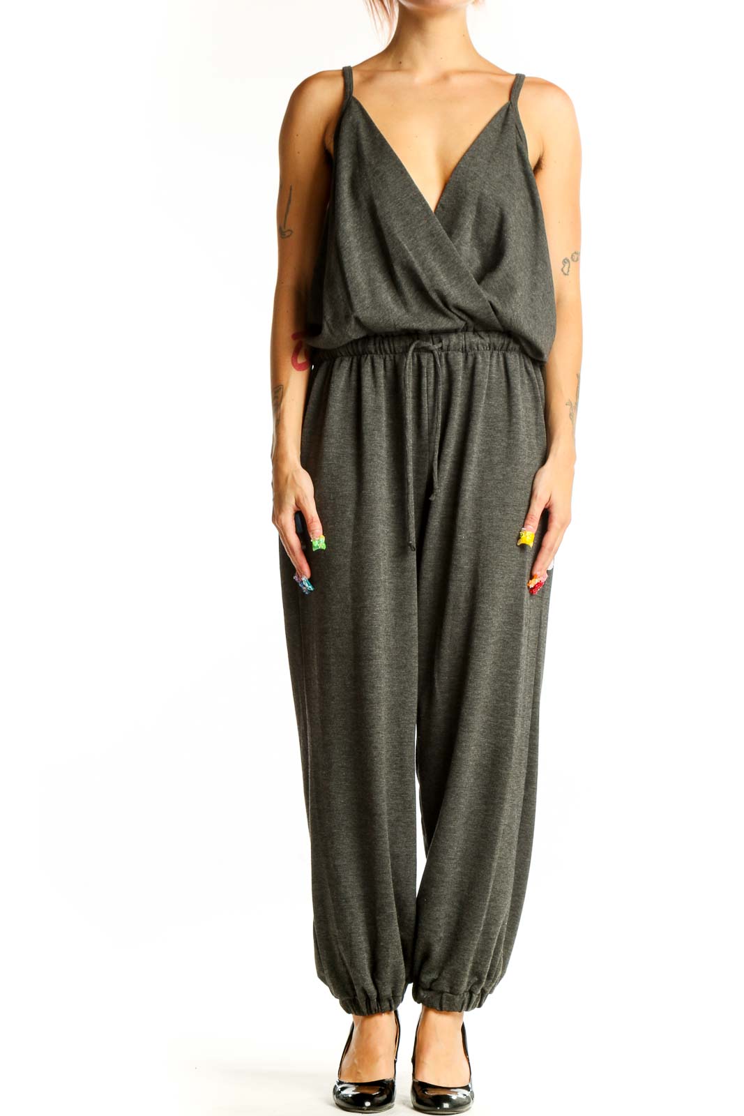 Charcoal Gray Cotton Wrap Jumpsuit Front