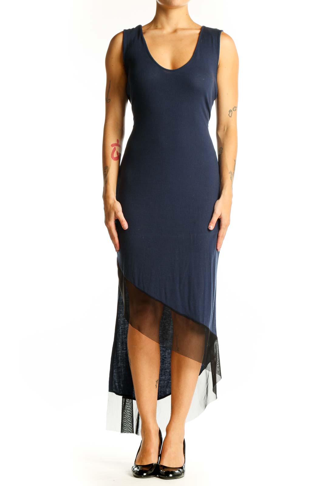 Navy Asymmetrical High-Low Sleeveless Dress Front