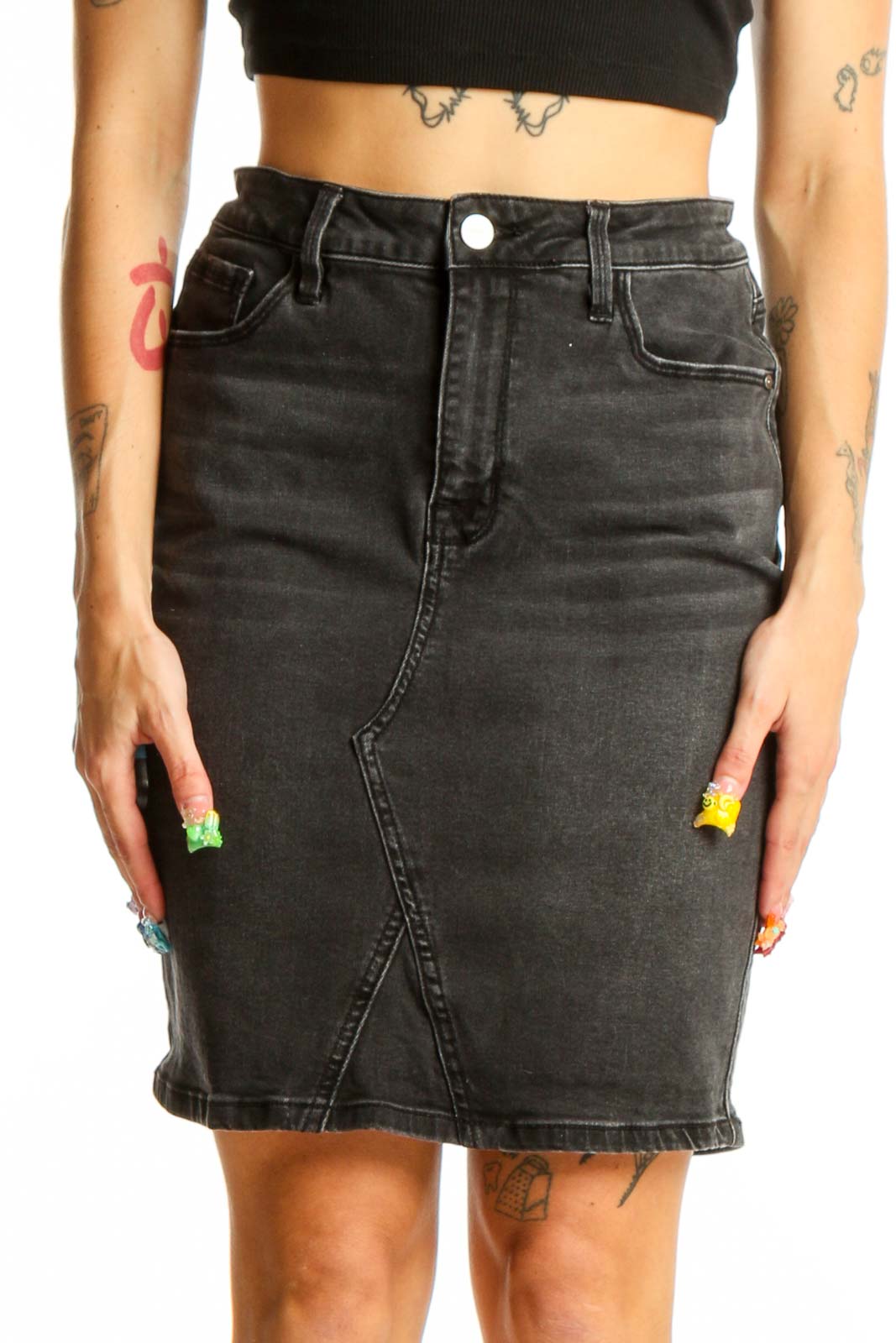 Black Denim Pencil Skirt Front