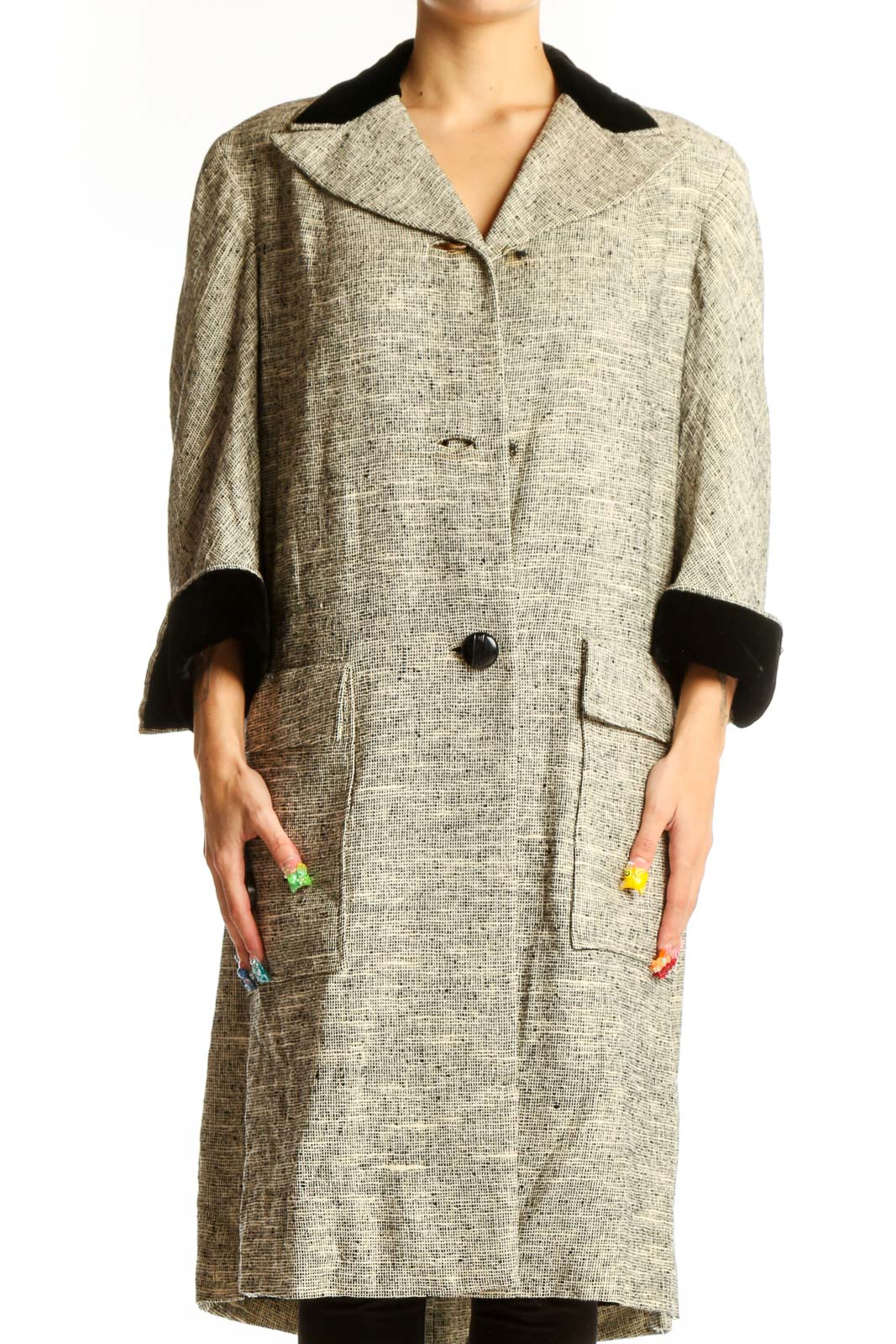 Beige Textured Cotton Coat with Black Trim Front