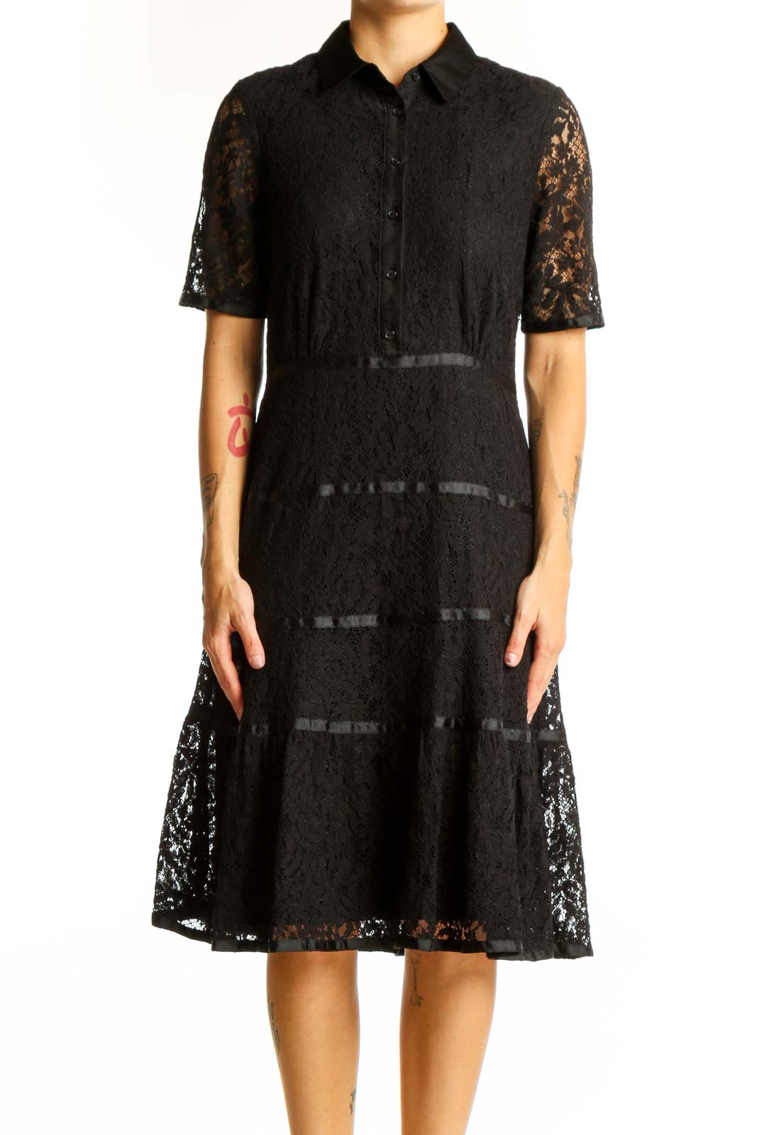 Black Lace Shirt Dress with Tiered Skirt Front