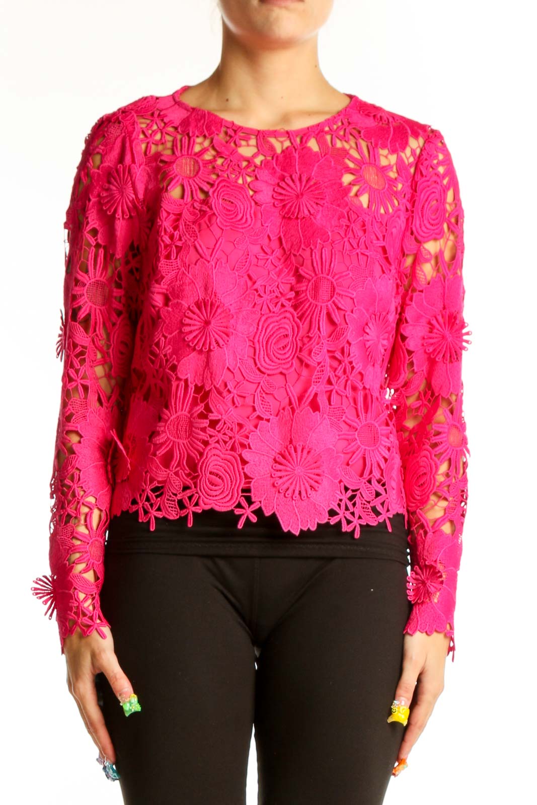 Hot Pink Floral Lace Long Sleeve Top Front