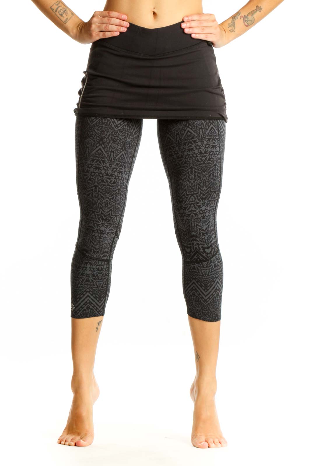 Black Patterned Capri Leggings with Skirt Front
