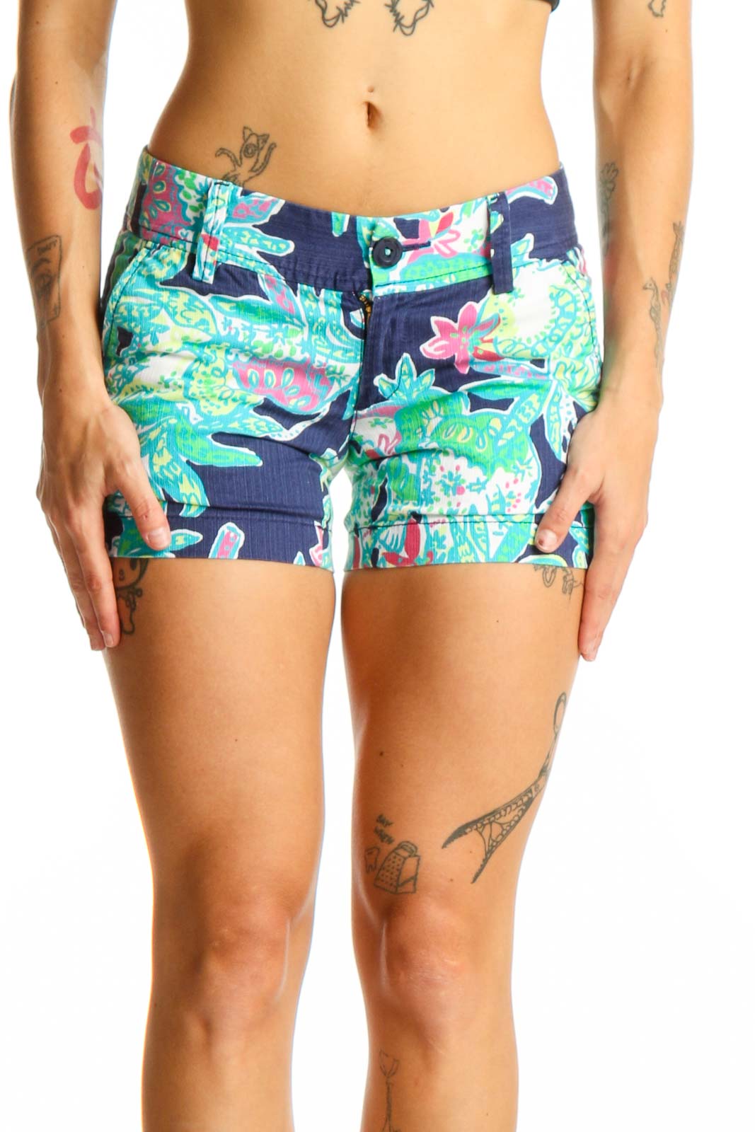 Navy Floral Print Cotton Shorts Front