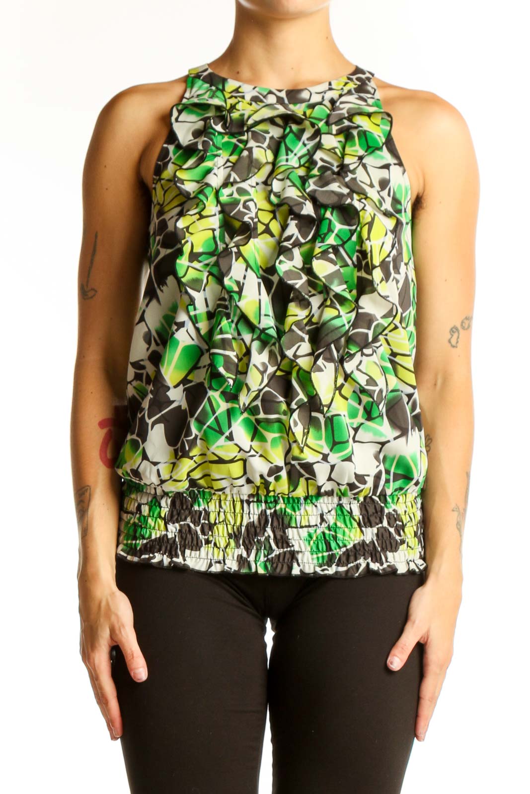 Green Floral Ruffled Sleeveless Top Front