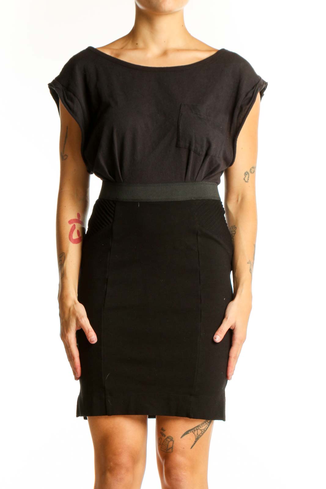 Black Cotton Blend Fitted Dress Front