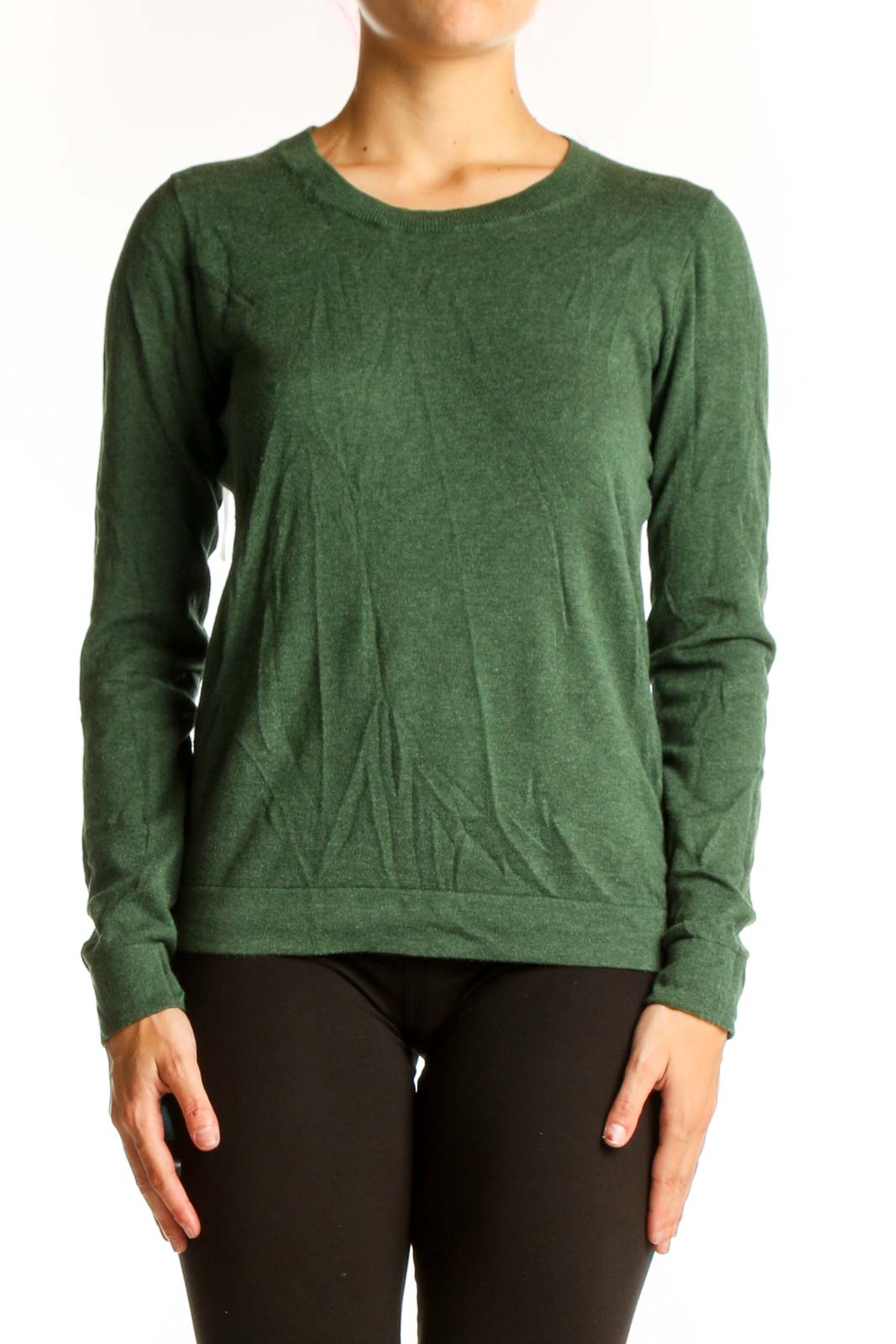 Green Cotton Long Sleeve Crew Neck Top Front