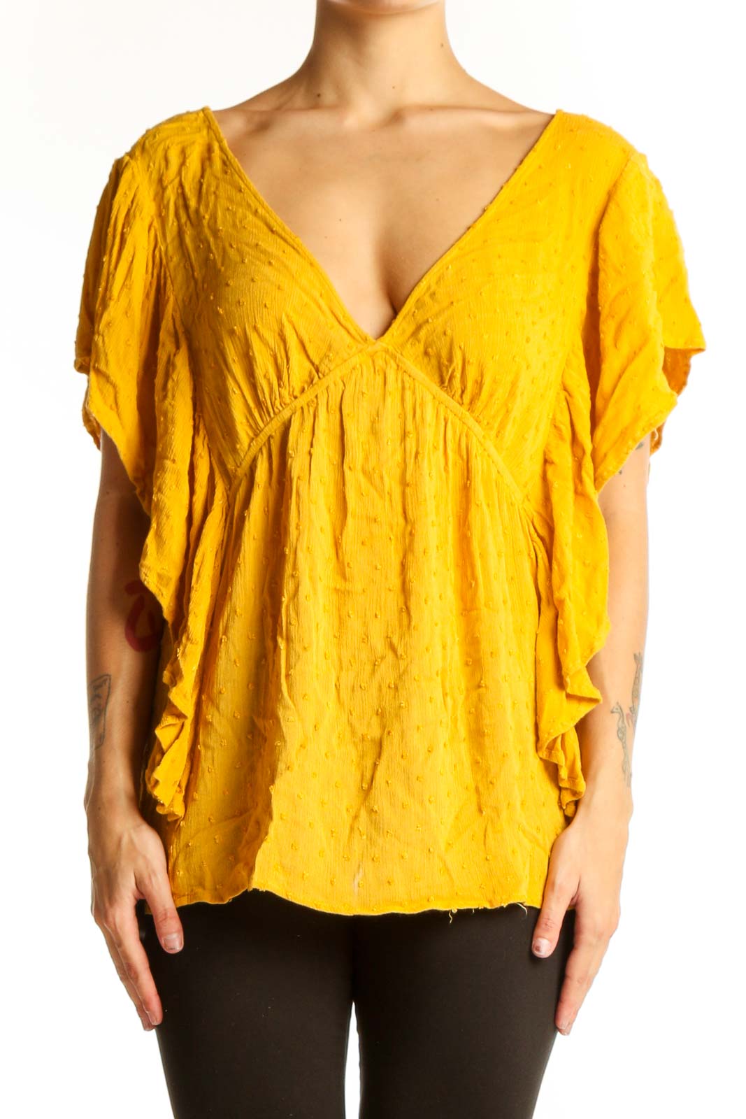 Yellow Flowy Rayon V-Neck Top Front