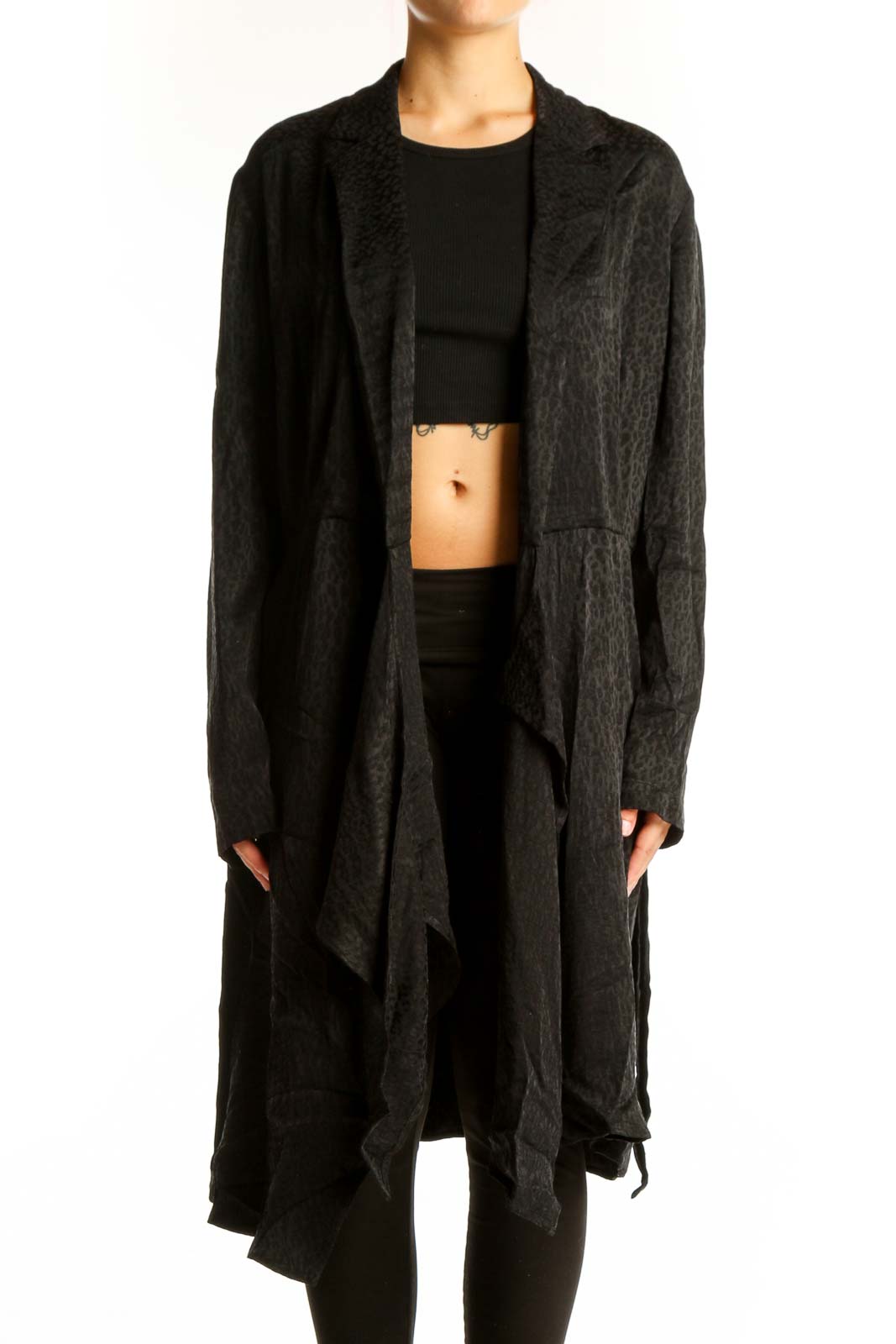 Black Draped Polyester Long Cardigan Front