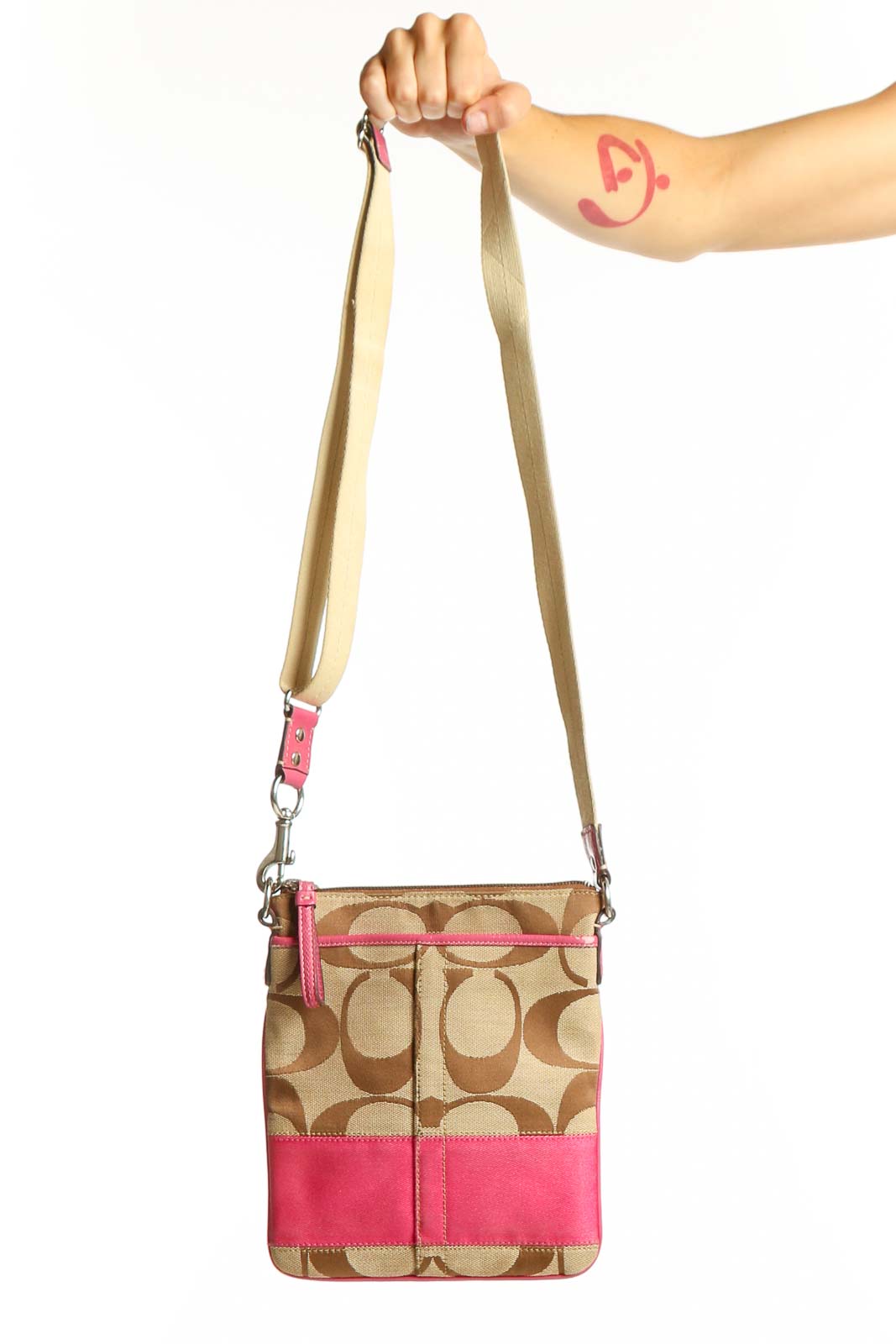 Tan and Pink Signature Canvas Crossbody Bag Front
