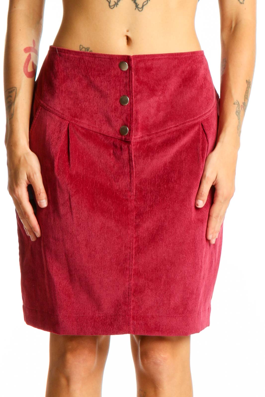 Red Corduroy Button-Front A-Line Skirt Front
