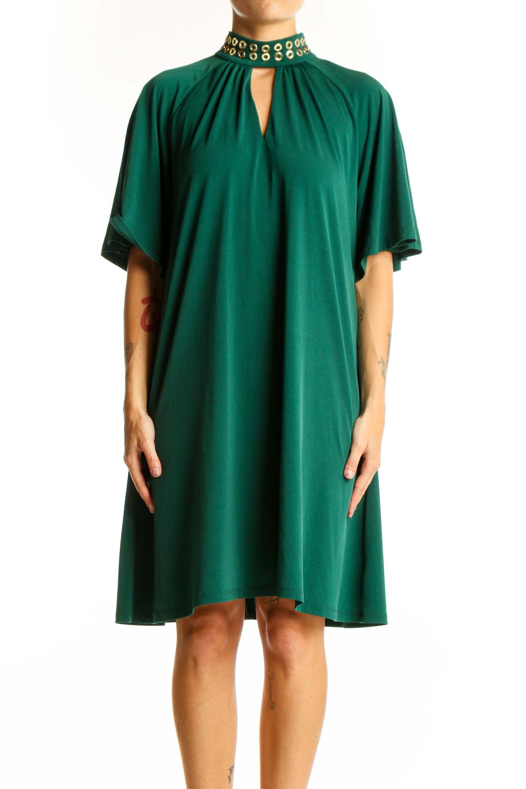 Green Embellished Neck Cocktail Dress Front