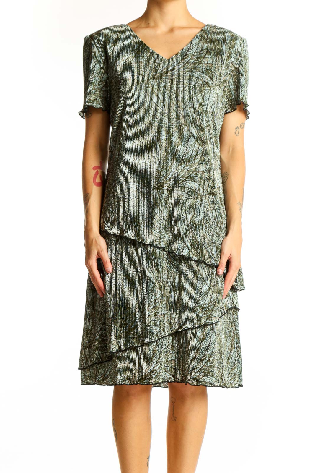 Green Floral Tiered Midi Dress Front